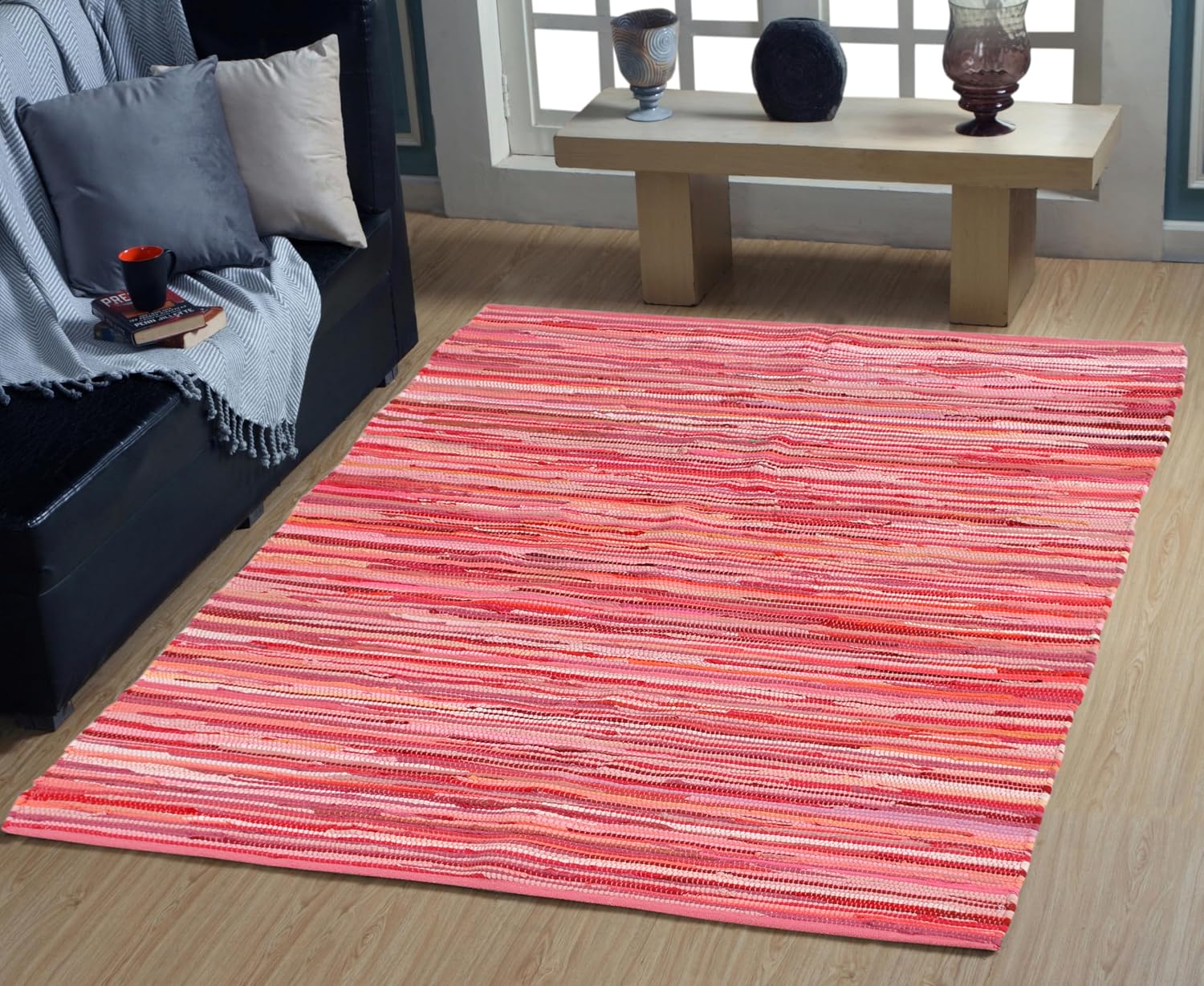 Handmade Recycled Chindi Cotton Rag Rug, 4 x 6 ft, Pink