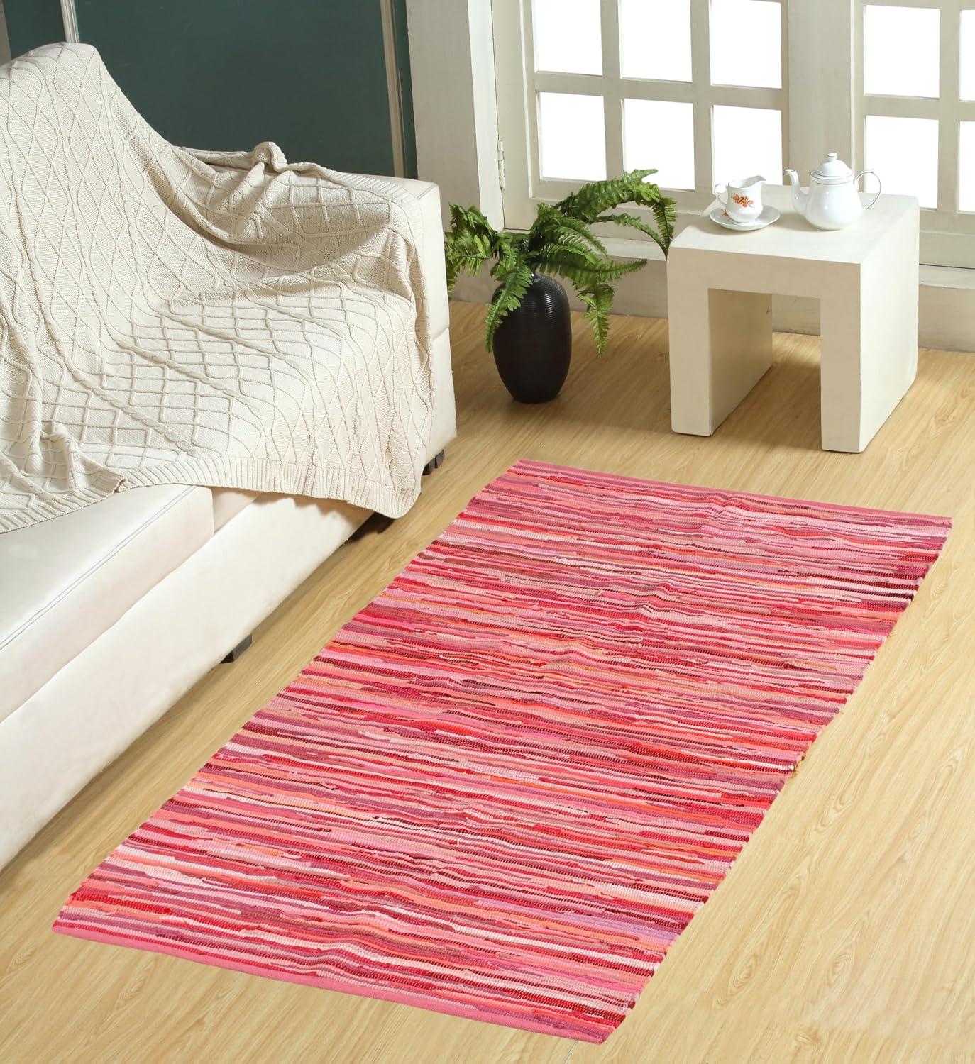 Handmade Recycled Chindi Cotton Rag Rug, 4 x 6 ft, Pink