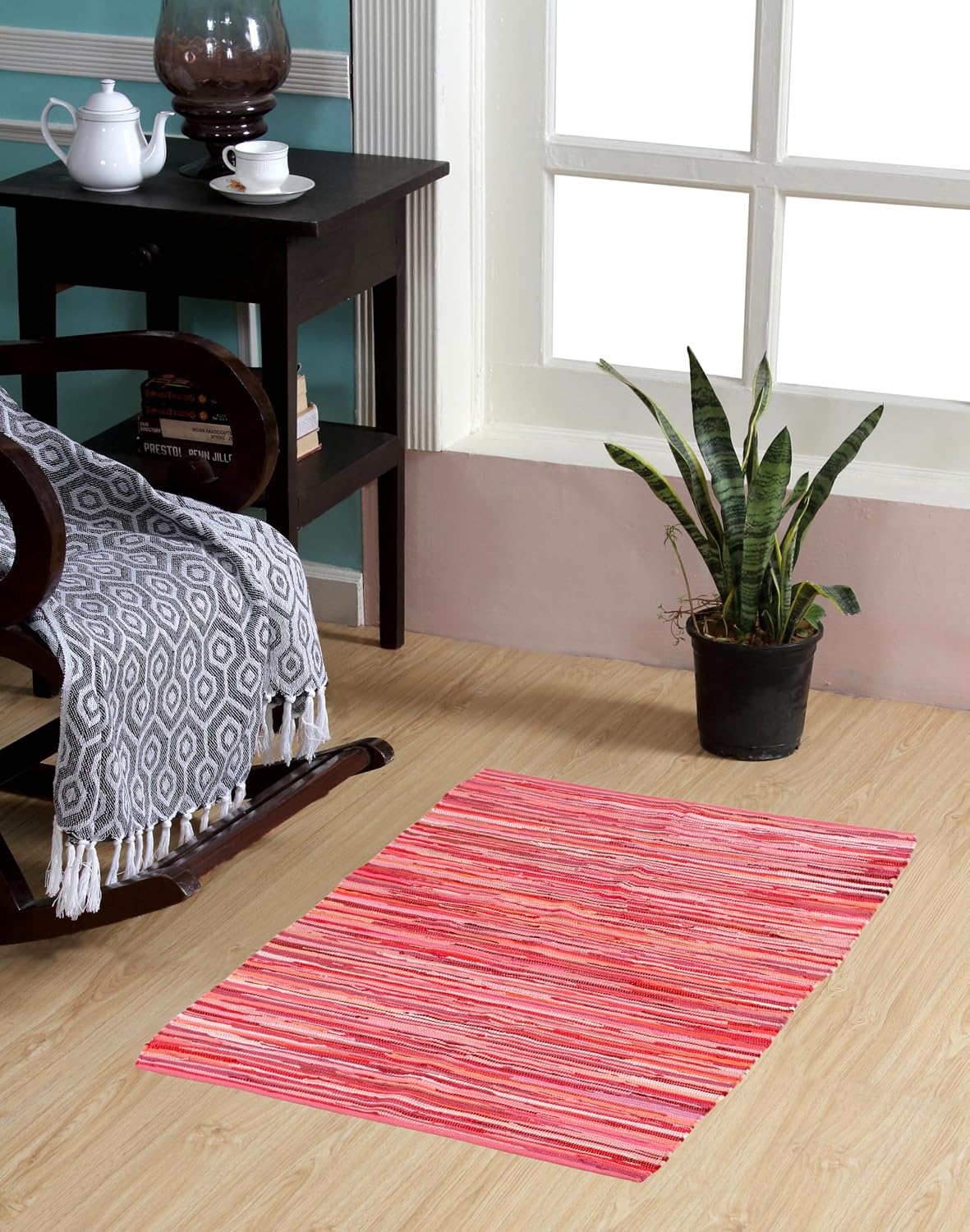 Handmade Recycled Chindi Cotton Rag Rug, 4 x 6 ft, Pink