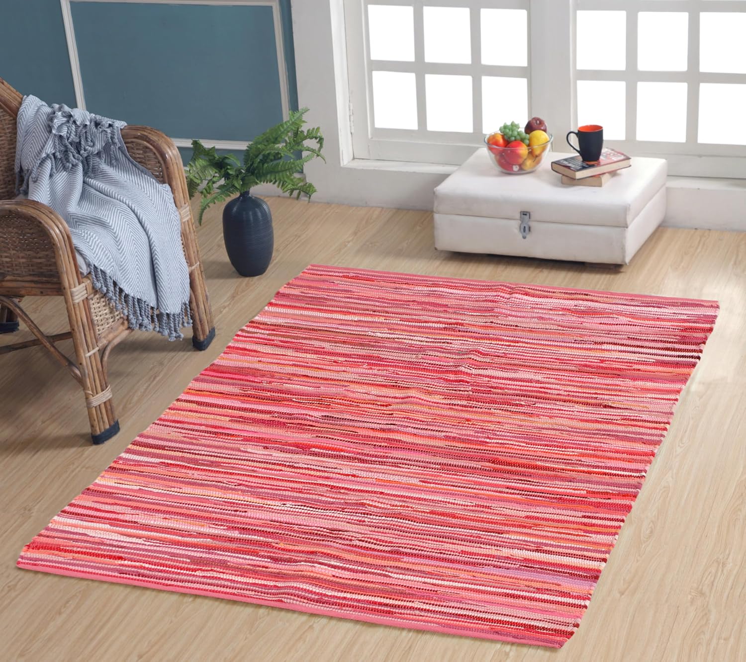 Handmade Recycled Chindi Cotton Rag Rug, 4 x 6 ft, Pink