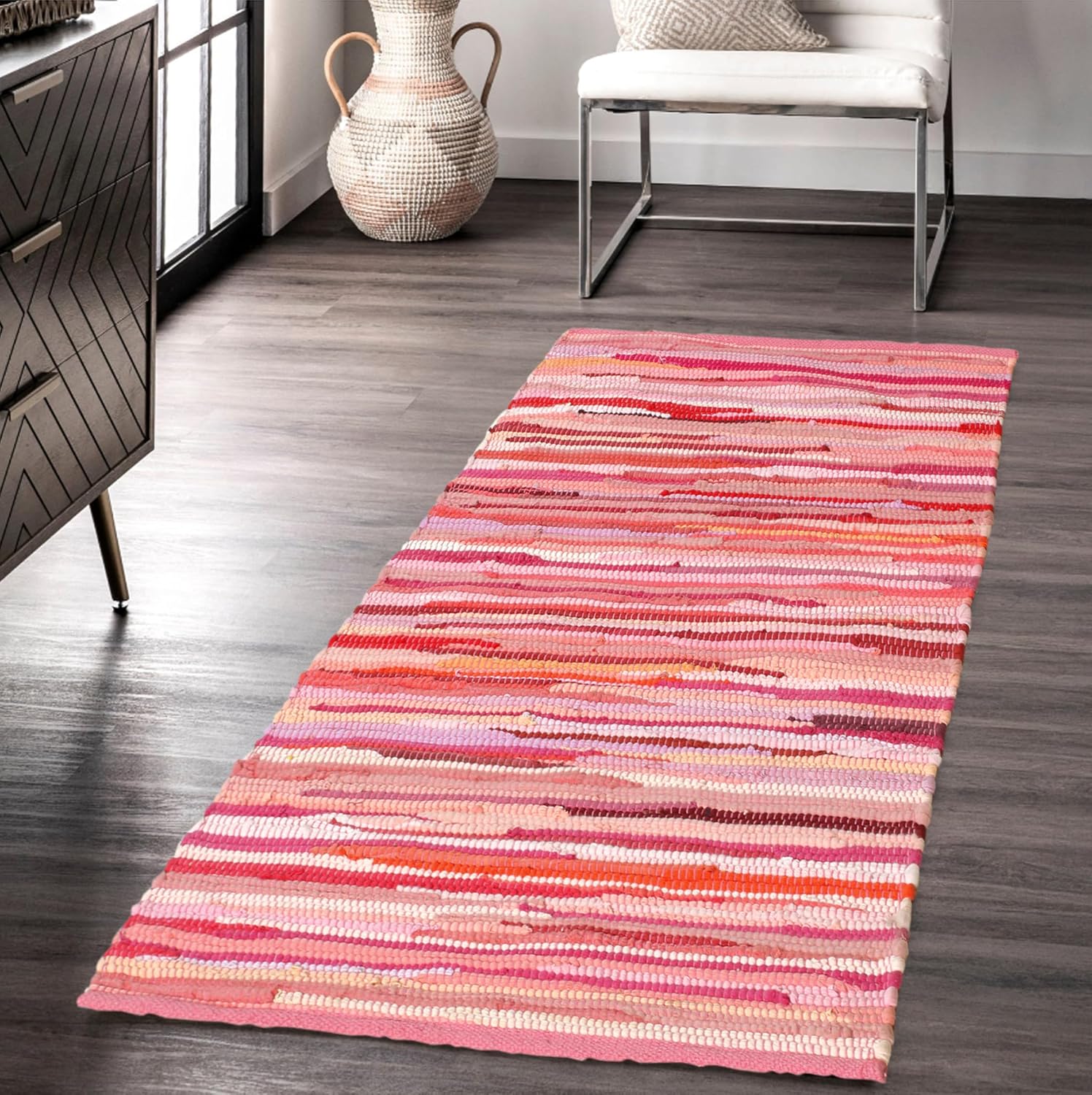 Handmade Recycled Chindi Cotton Rag Rug, 4 x 6 ft, Pink