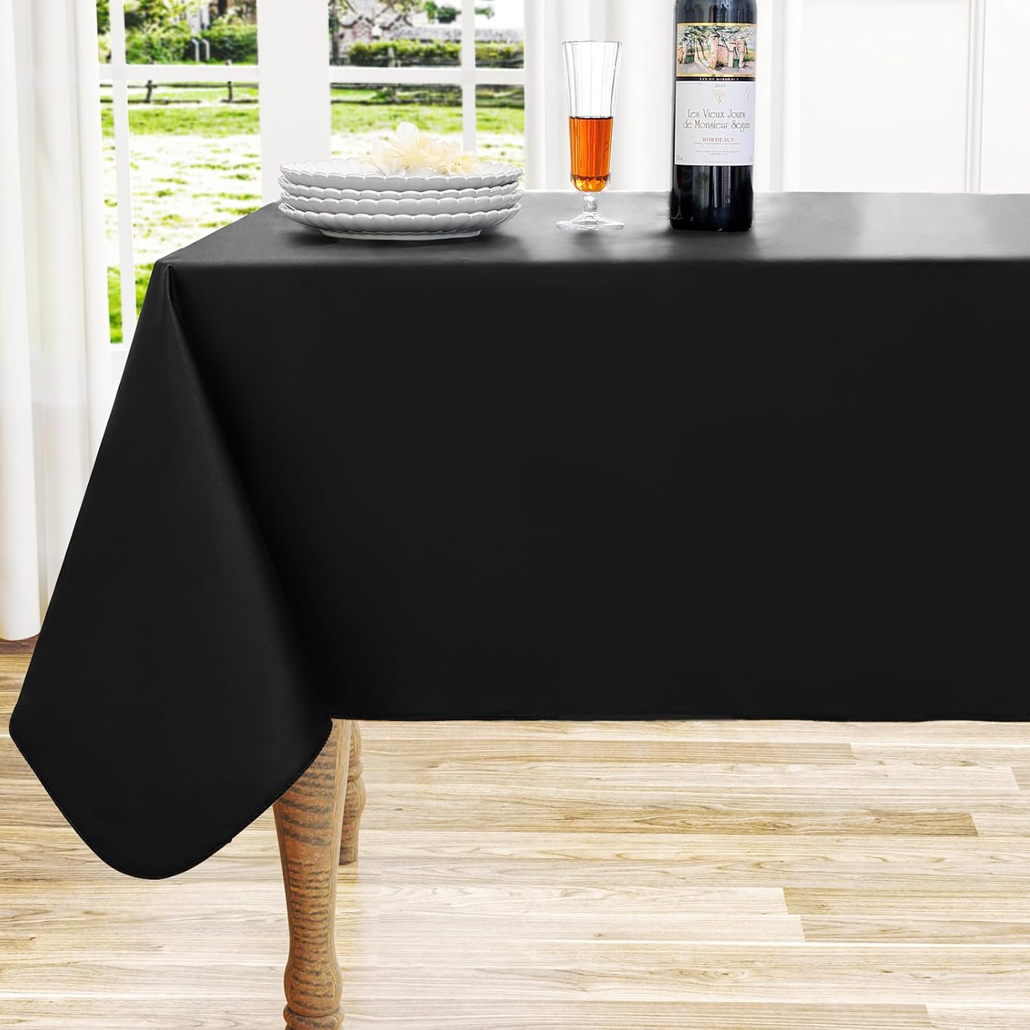 Waterproof Vinyl Tablecloth with Flannel Backing, Black