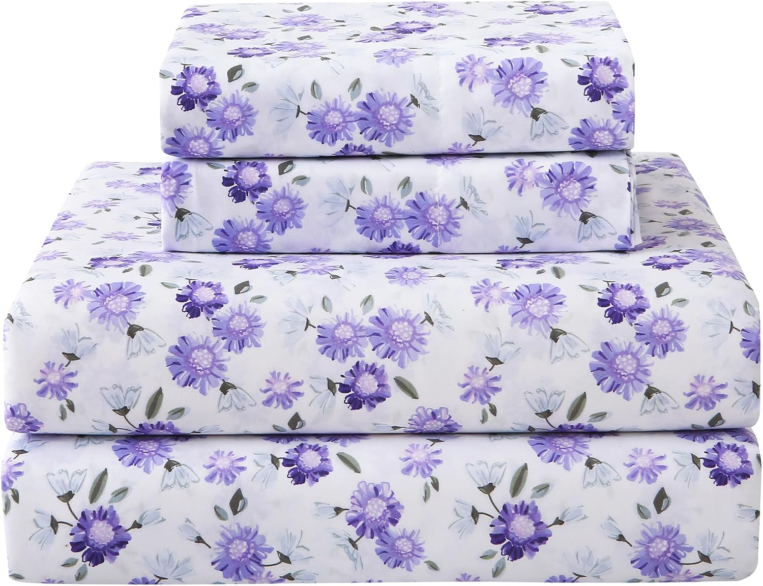 Floral Printed Queen Sheet Set, 4 Pieces, Purple
