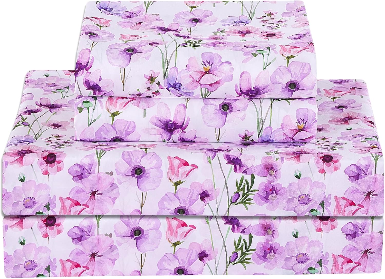 Floral Printed Queen Sheet Set, 4 Pieces, Purple