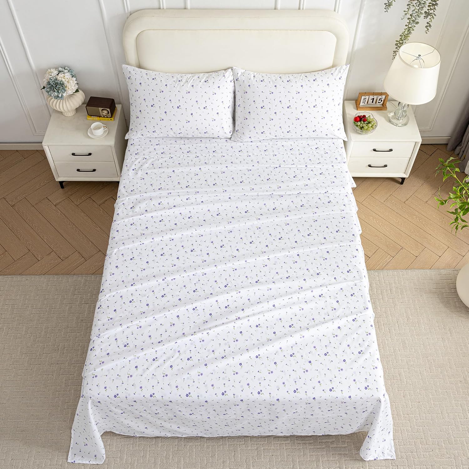 Floral Printed Queen Sheet Set, 4 Pieces, Purple