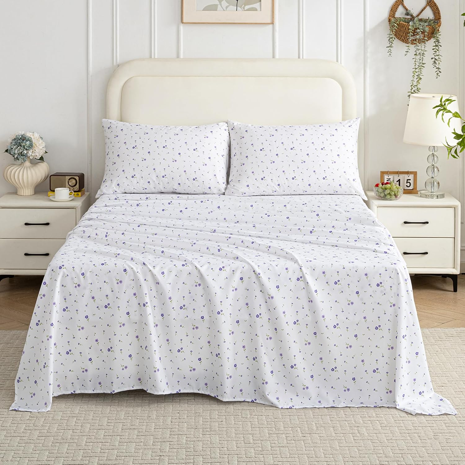 Floral Printed Queen Sheet Set, 4 Pieces, Purple