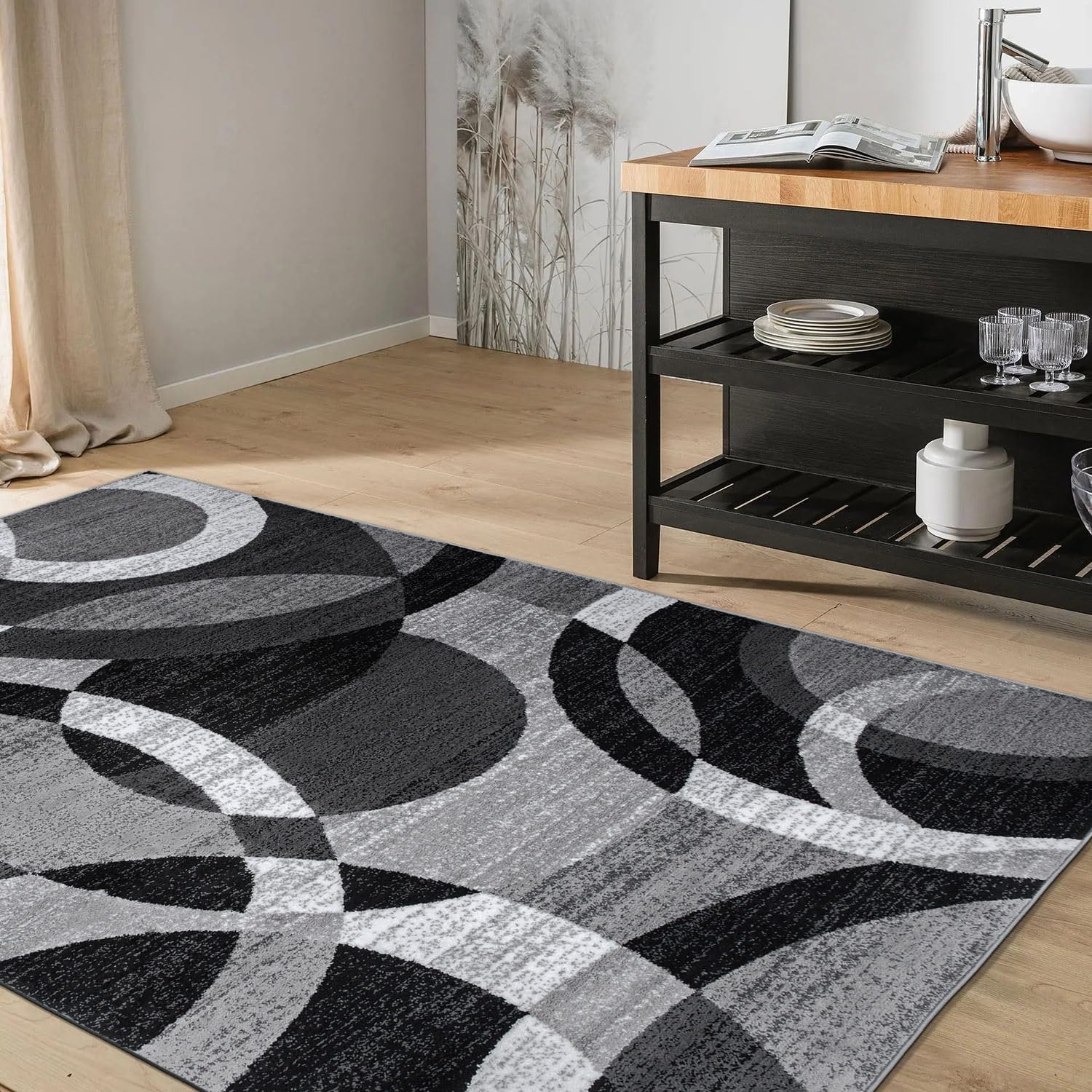 Geometric Non-Shedding Area Rug, 3 ft 3 in x 5 ft, Grey