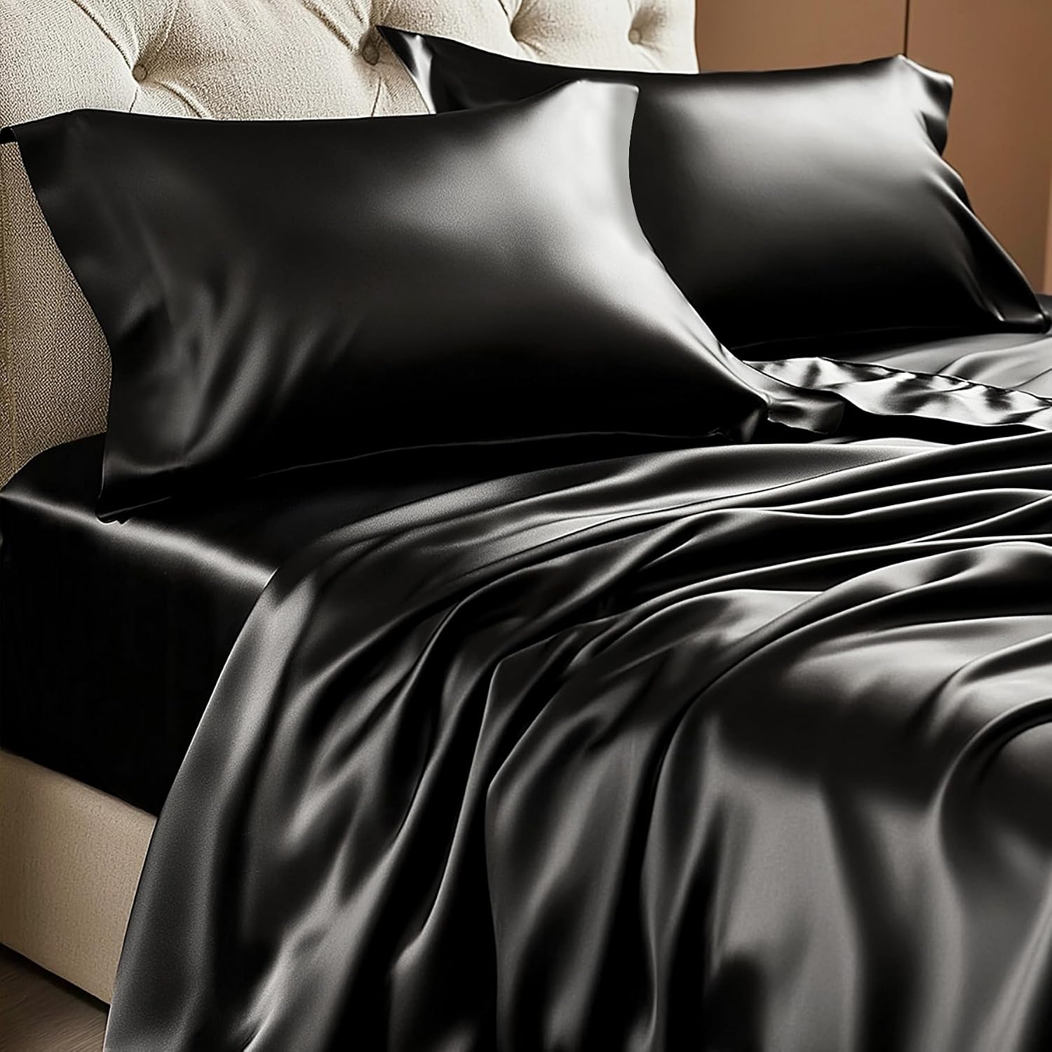 Satin Queen Sheet Set, 4 Pieces, Black