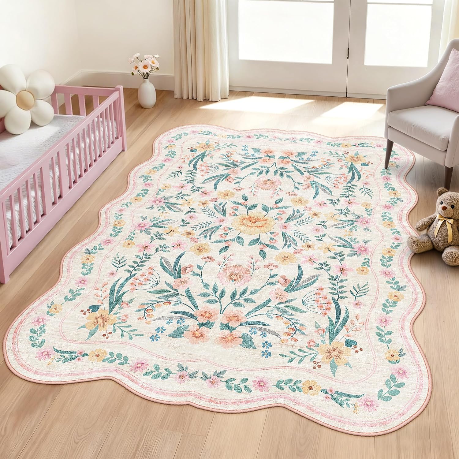 Scalloped Washable Floral Rug, 5 x 7 ft, Pink
