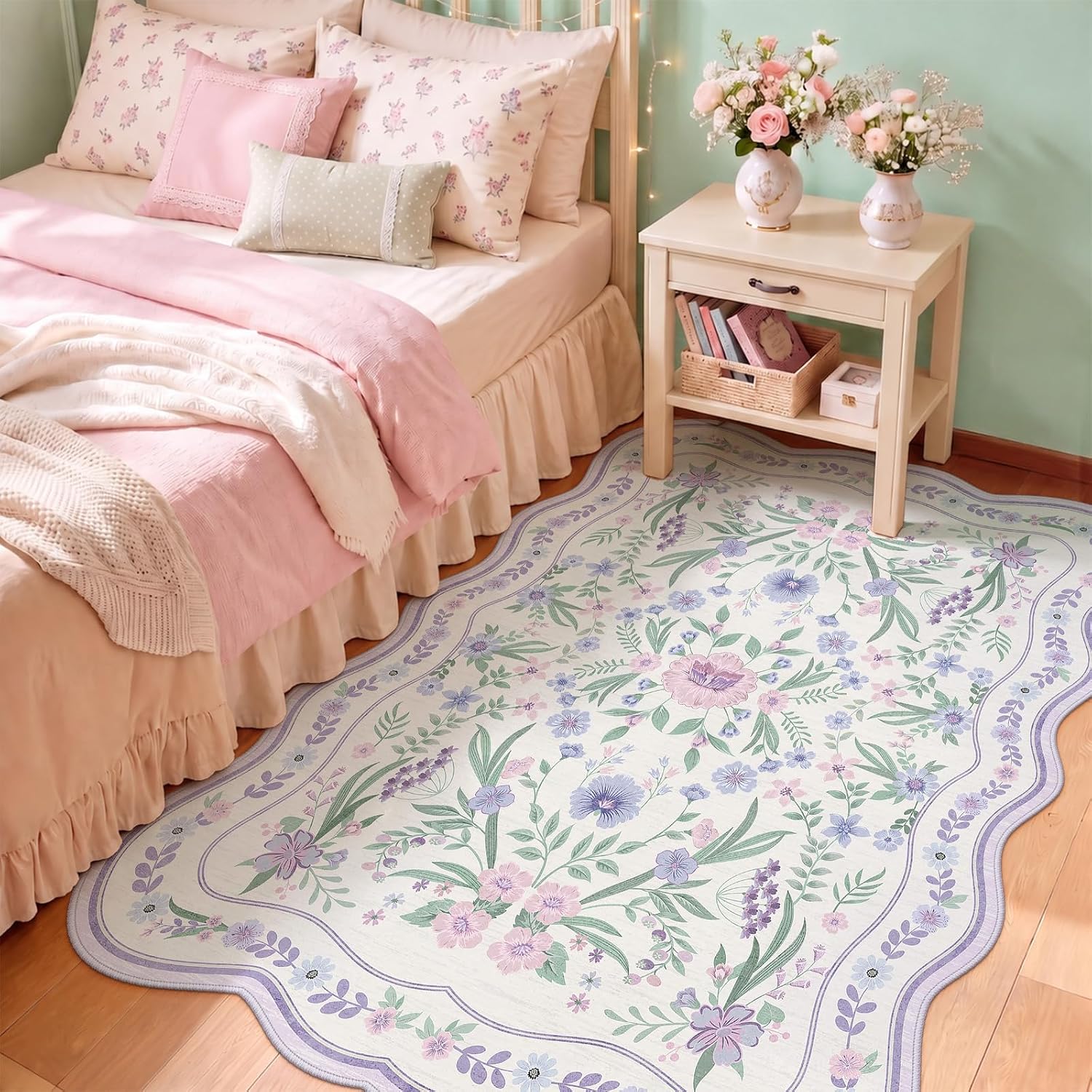 Scalloped Washable Floral Rug, 5 x 7 ft, Pink