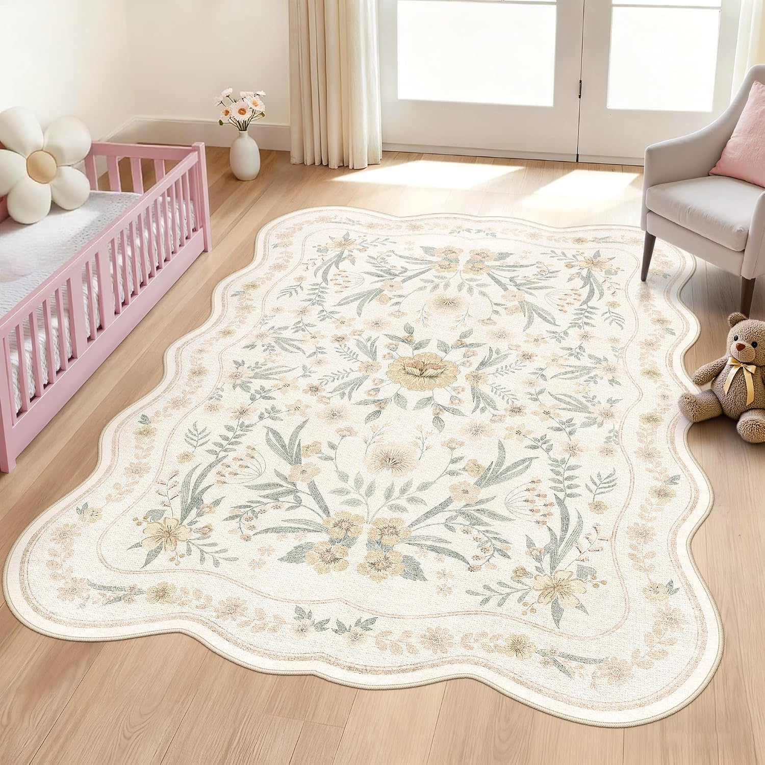 Scalloped Washable Floral Rug, 5 x 7 ft, Pink