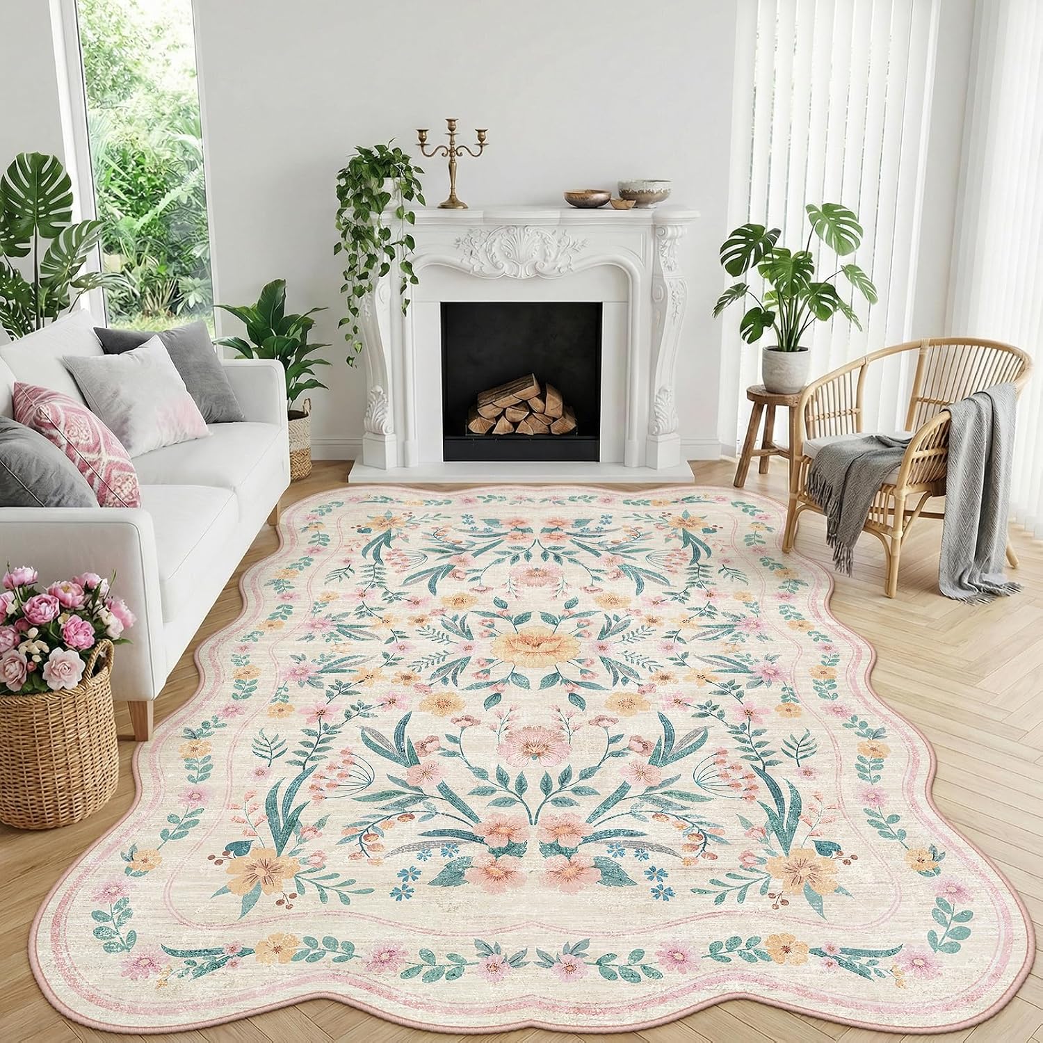 Scalloped Washable Floral Rug, 5 x 7 ft, Pink