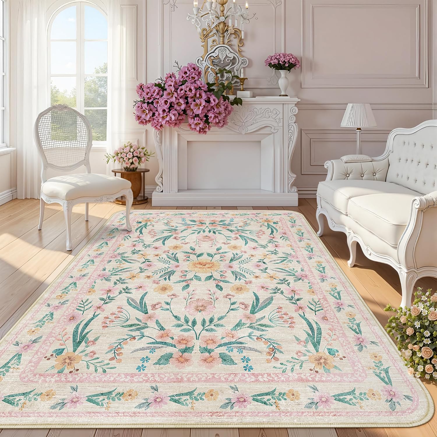 Scalloped Washable Floral Rug, 5 x 7 ft, Pink