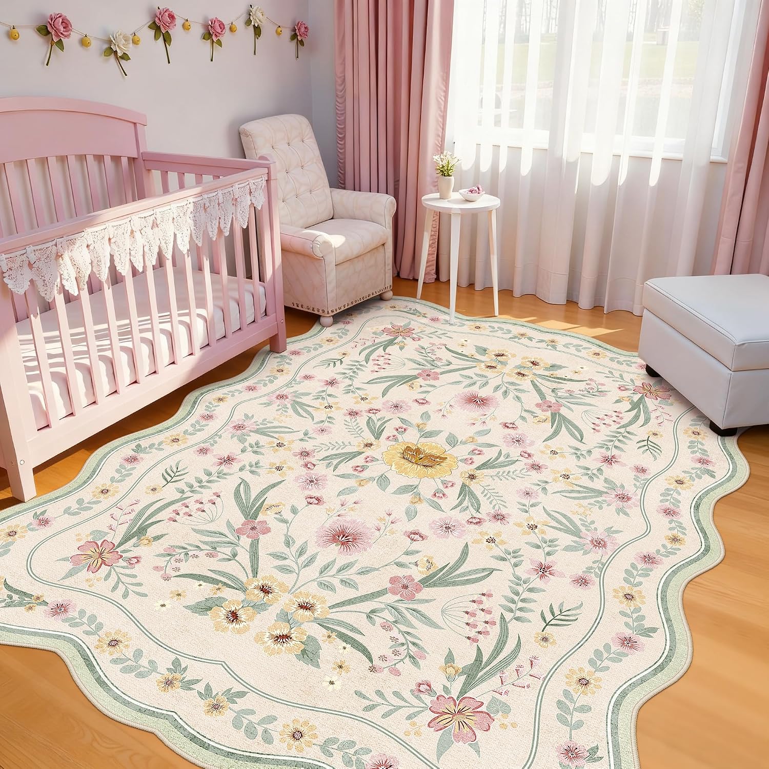 Scalloped Washable Floral Rug, 5 x 7 ft, Pink
