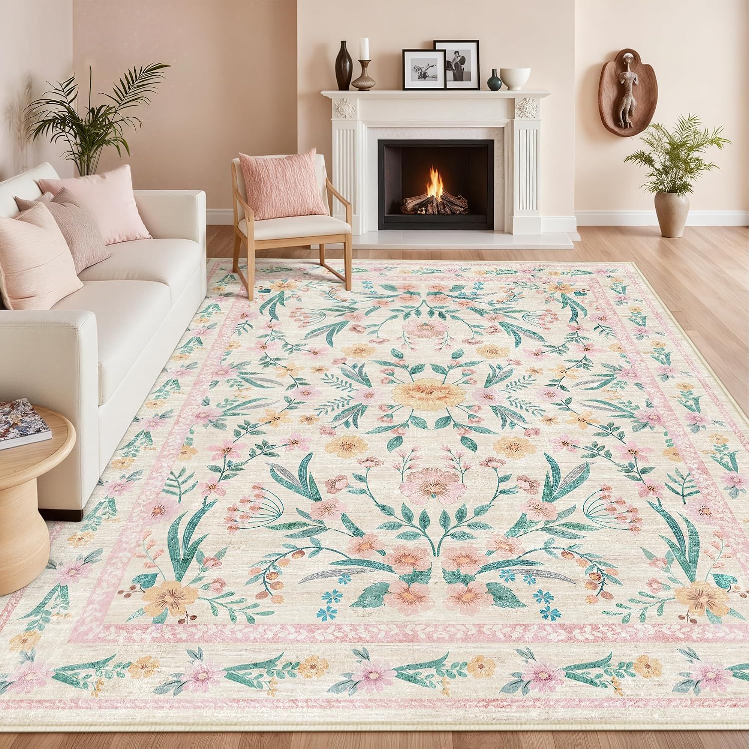 Scalloped Washable Floral Rug, 5 x 7 ft, Pink