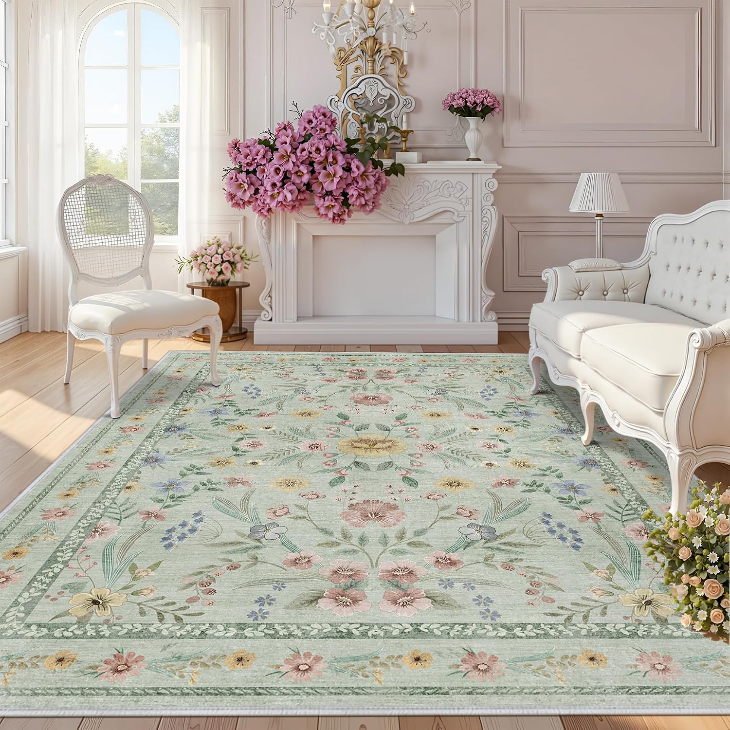 Scalloped Washable Floral Rug, 5 x 7 ft, Pink