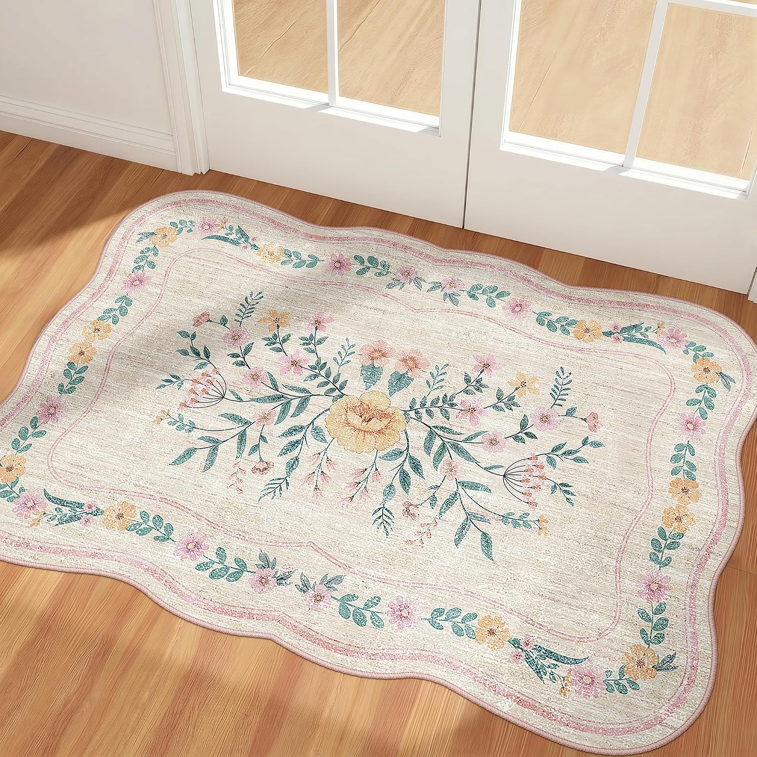 Scalloped Washable Floral Rug, 5 x 7 ft, Pink