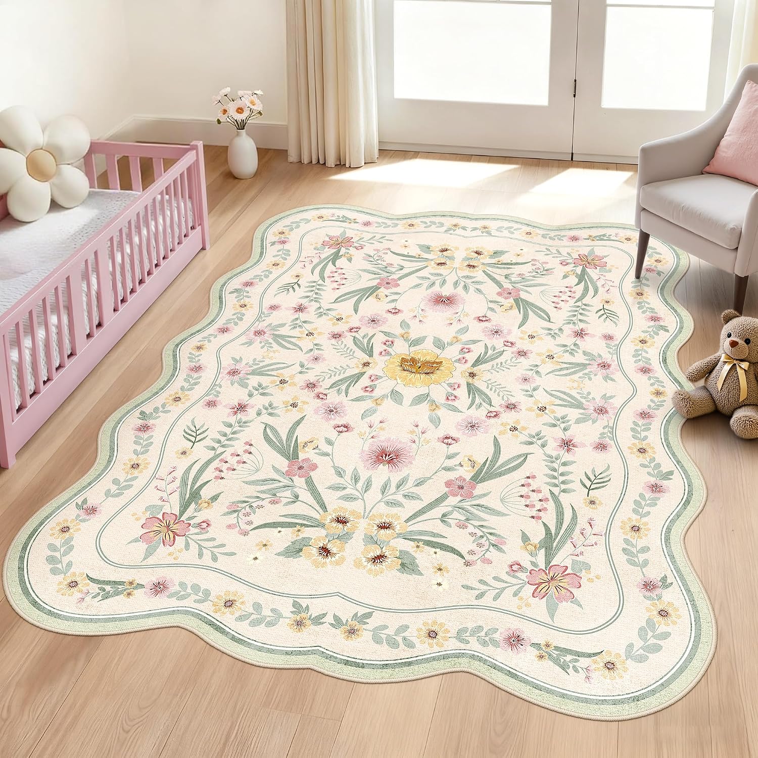 Scalloped Washable Floral Rug, 5 x 7 ft, Pink
