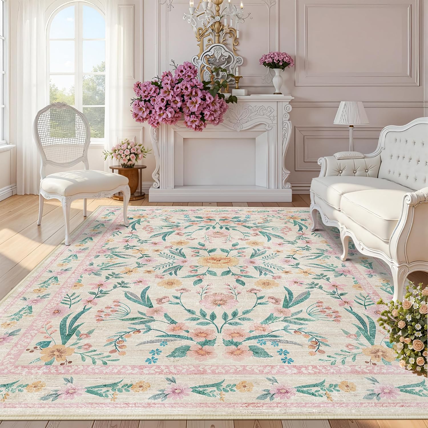Scalloped Washable Floral Rug, 5 x 7 ft, Pink
