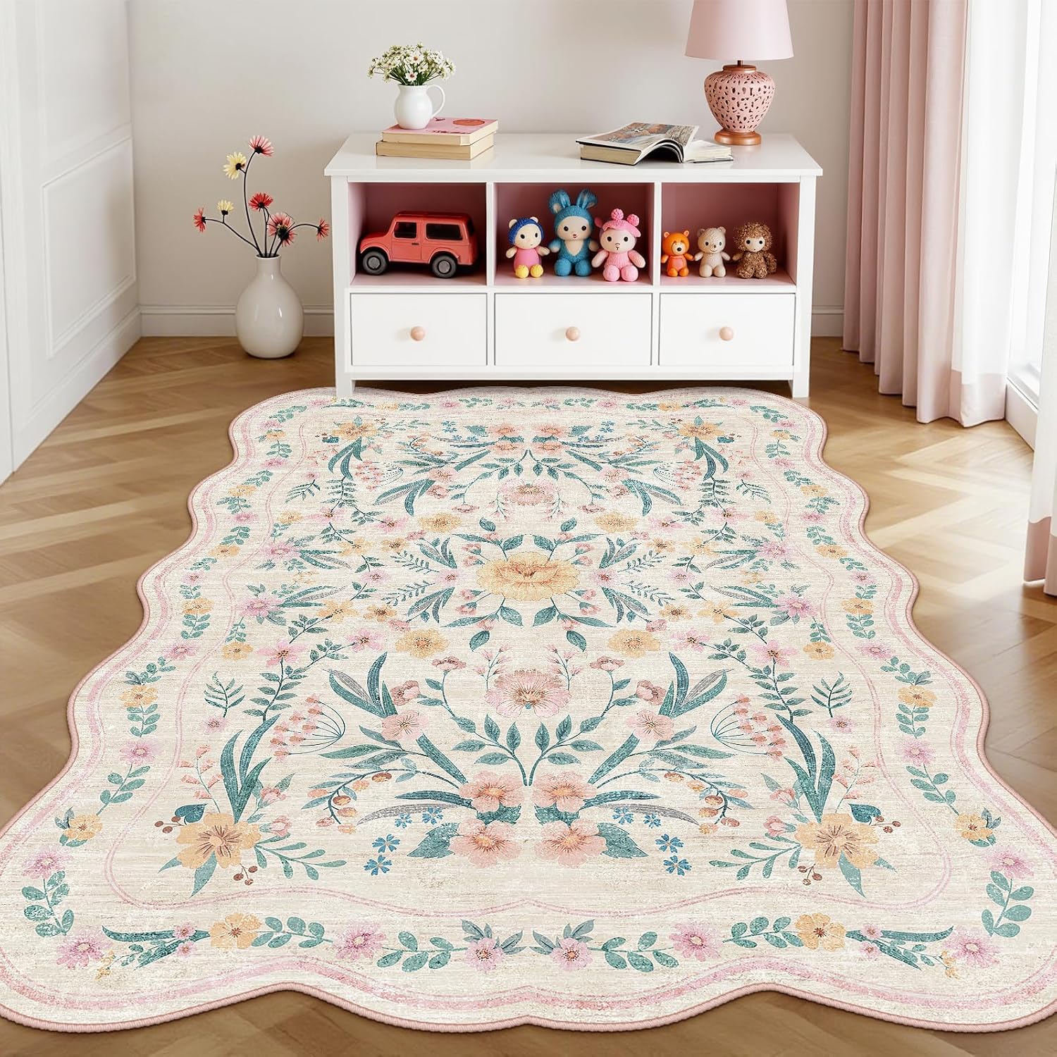Scalloped Washable Floral Rug, 5 x 7 ft, Pink