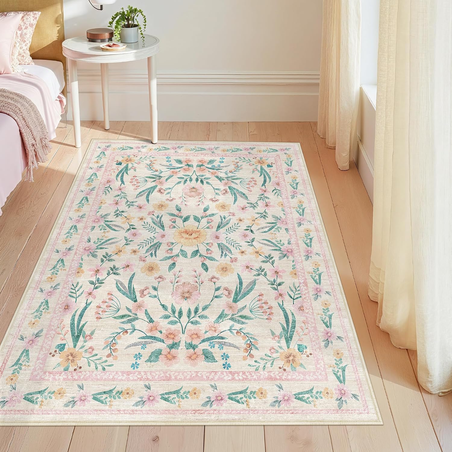 Scalloped Washable Floral Rug, 5 x 7 ft, Pink