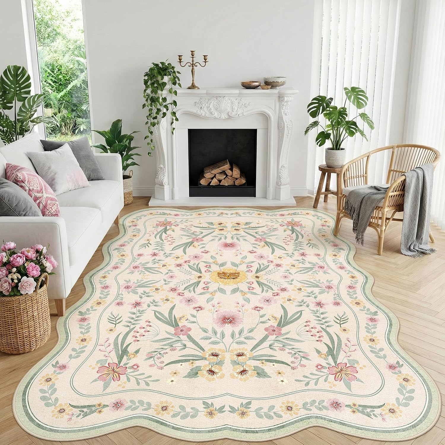 Scalloped Washable Floral Rug, 5 x 7 ft, Pink