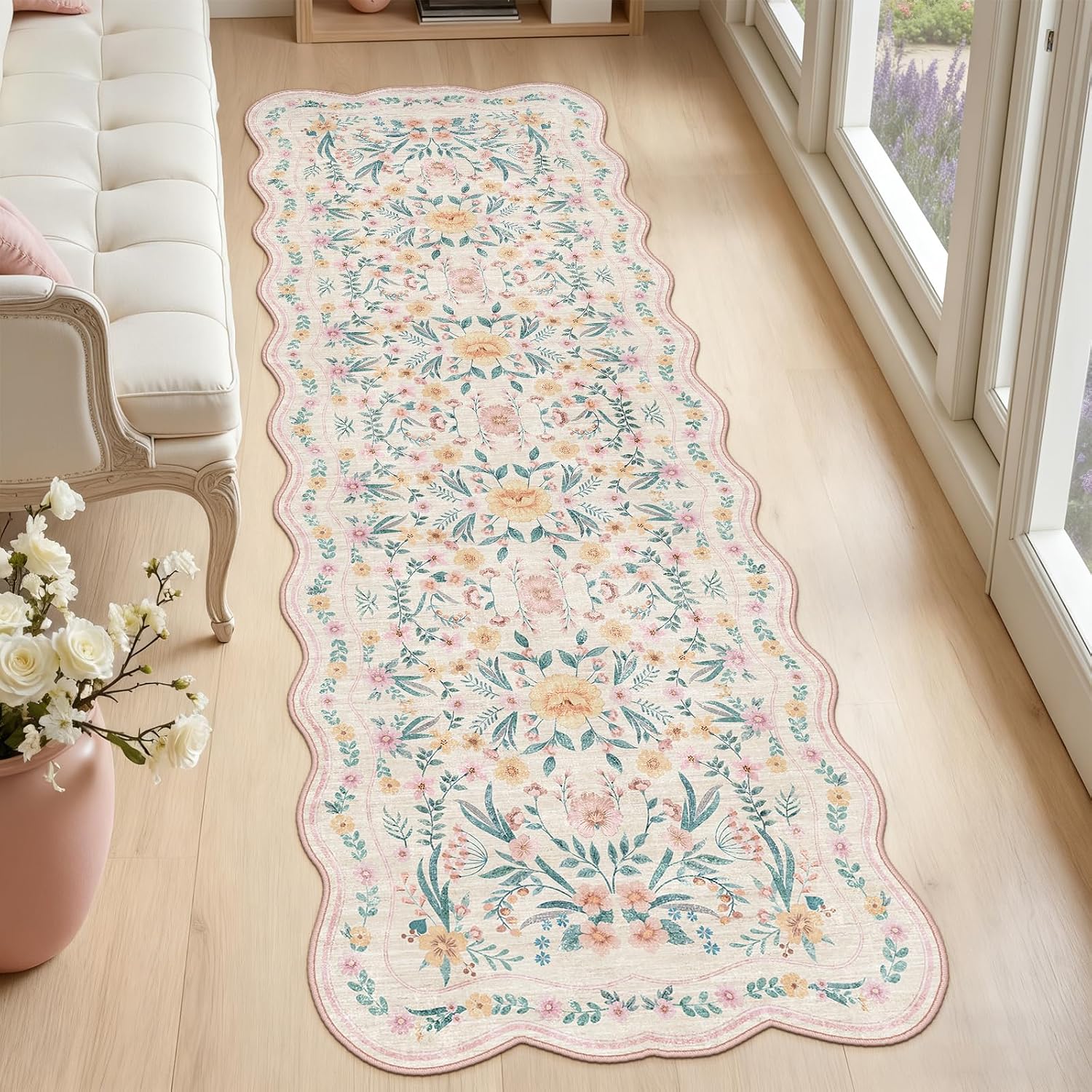 Scalloped Washable Floral Rug, 5 x 7 ft, Pink