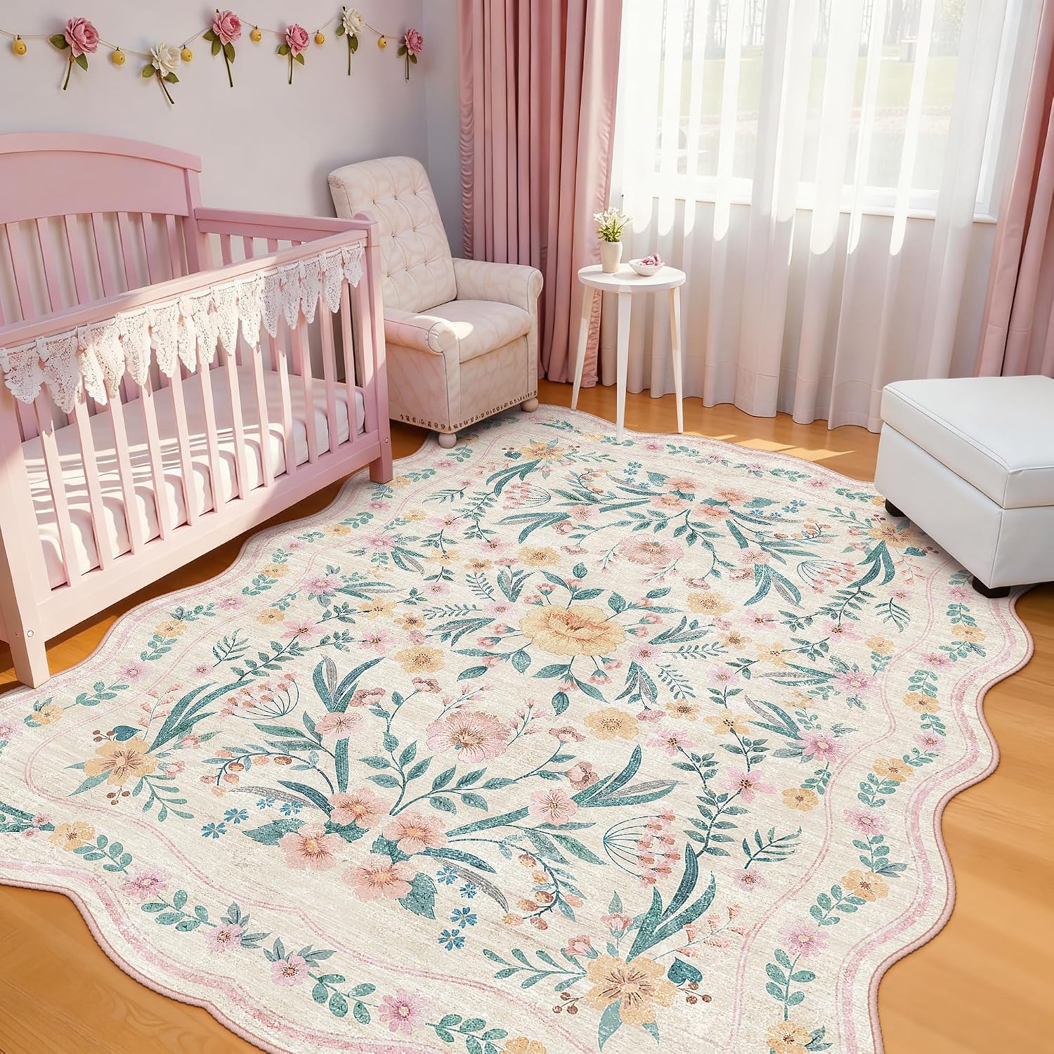 Scalloped Washable Floral Rug, 5 x 7 ft, Pink