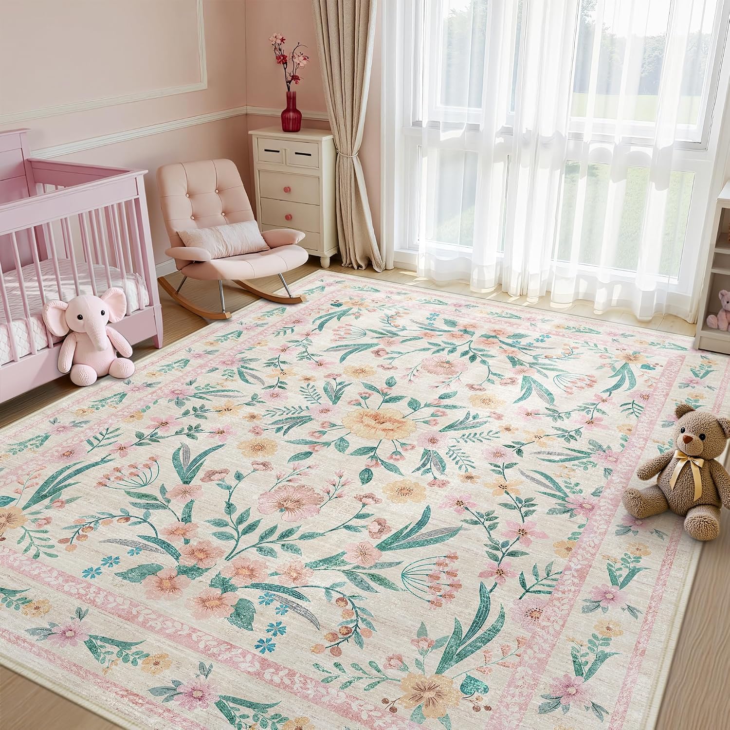 Scalloped Washable Floral Rug, 5 x 7 ft, Pink