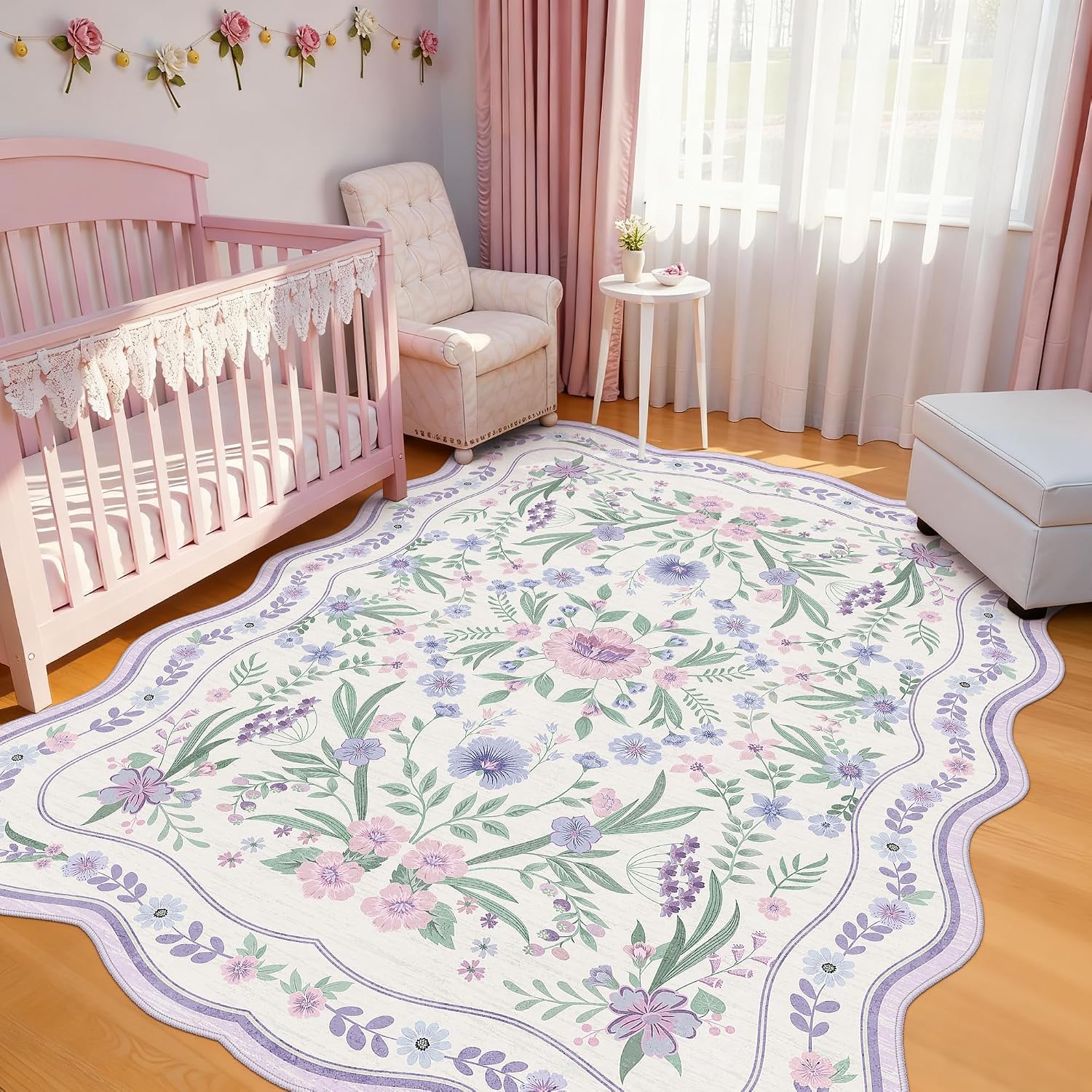 Scalloped Washable Floral Rug, 5 x 7 ft, Pink