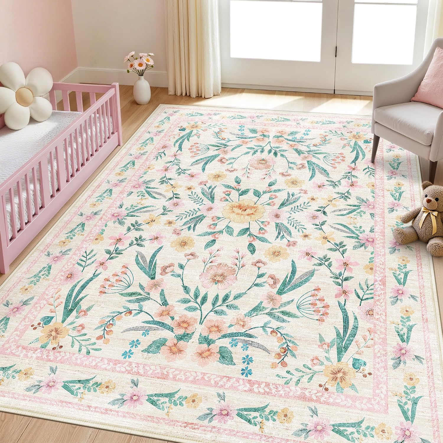 Scalloped Washable Floral Rug, 5 x 7 ft, Pink