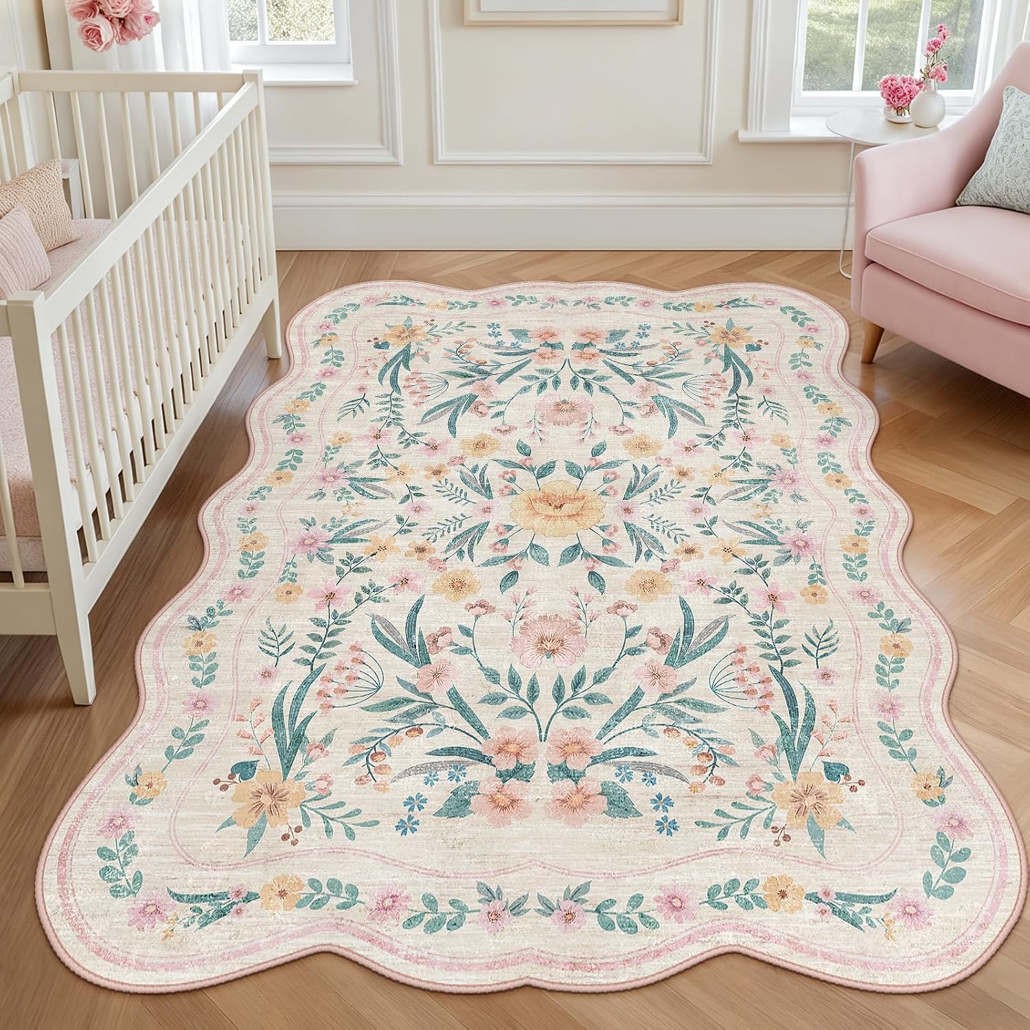 Scalloped Washable Floral Rug, 5 x 7 ft, Pink
