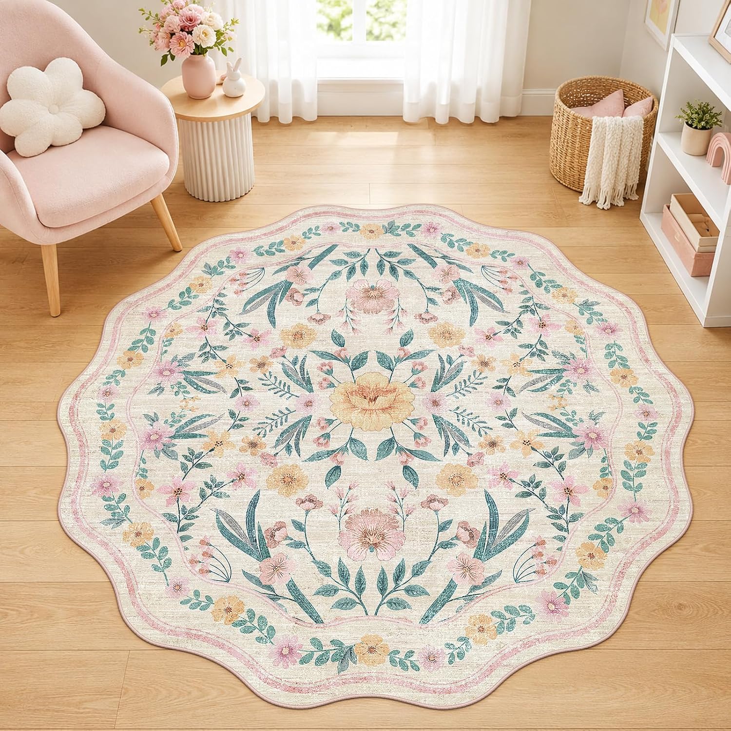 Scalloped Washable Floral Rug, 5 x 7 ft, Pink