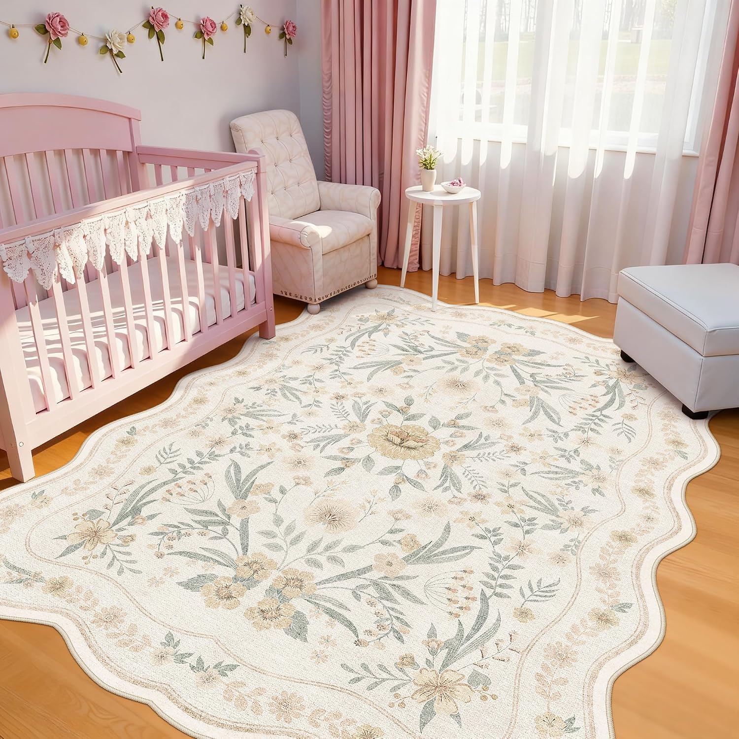 Scalloped Washable Floral Rug, 5 x 7 ft, Pink