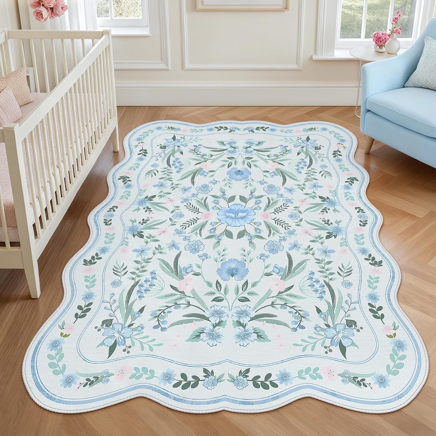 Scalloped Washable Floral Rug, 5 x 7 ft, Pink