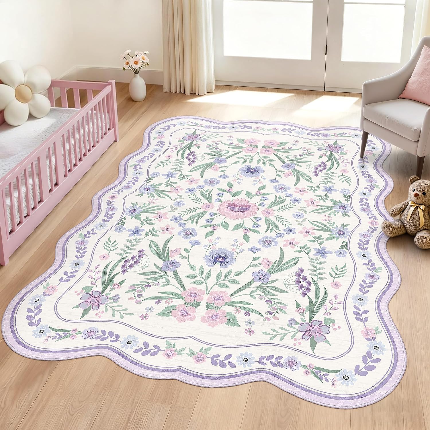 Scalloped Washable Floral Rug, 5 x 7 ft, Pink