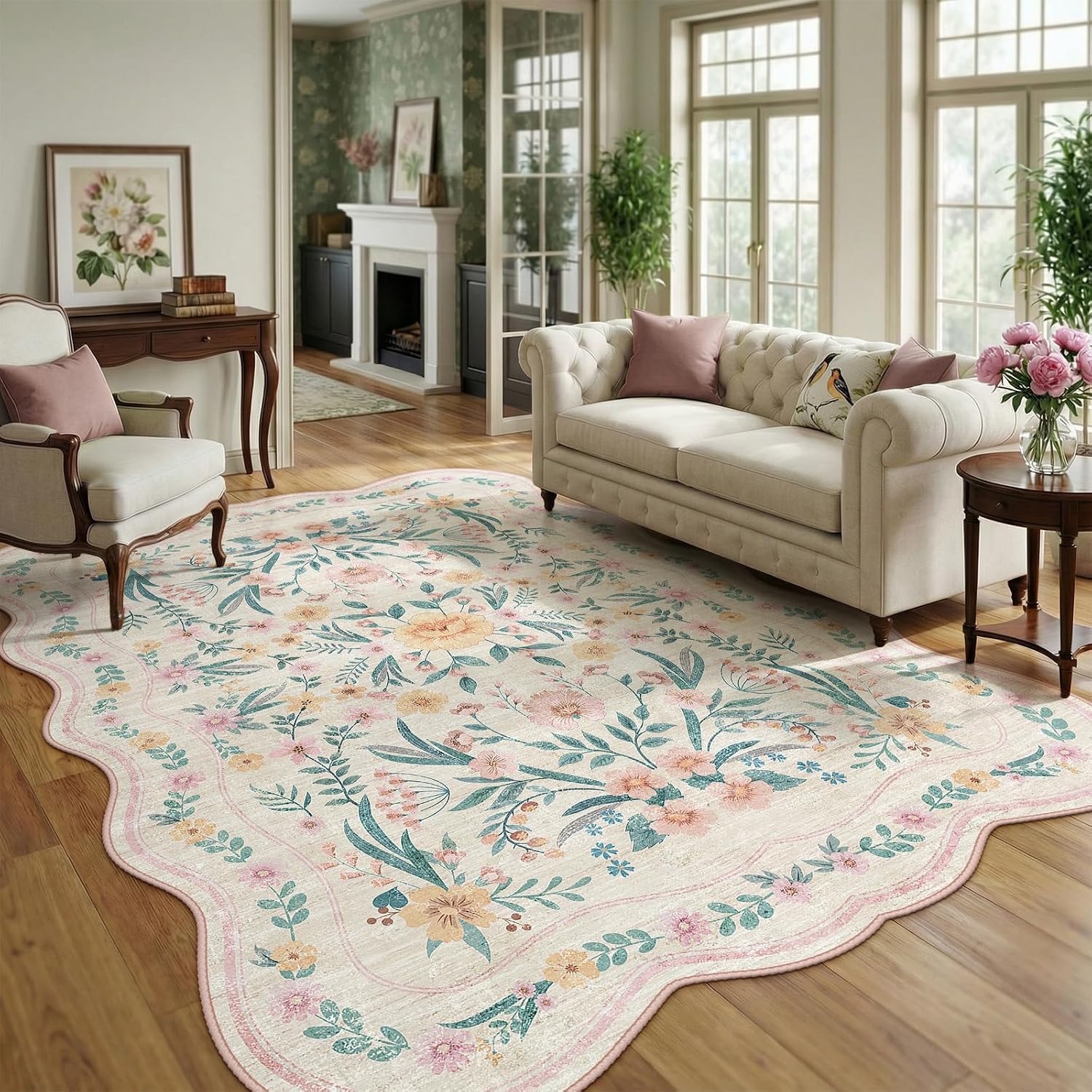 Scalloped Washable Floral Rug, 5 x 7 ft, Pink