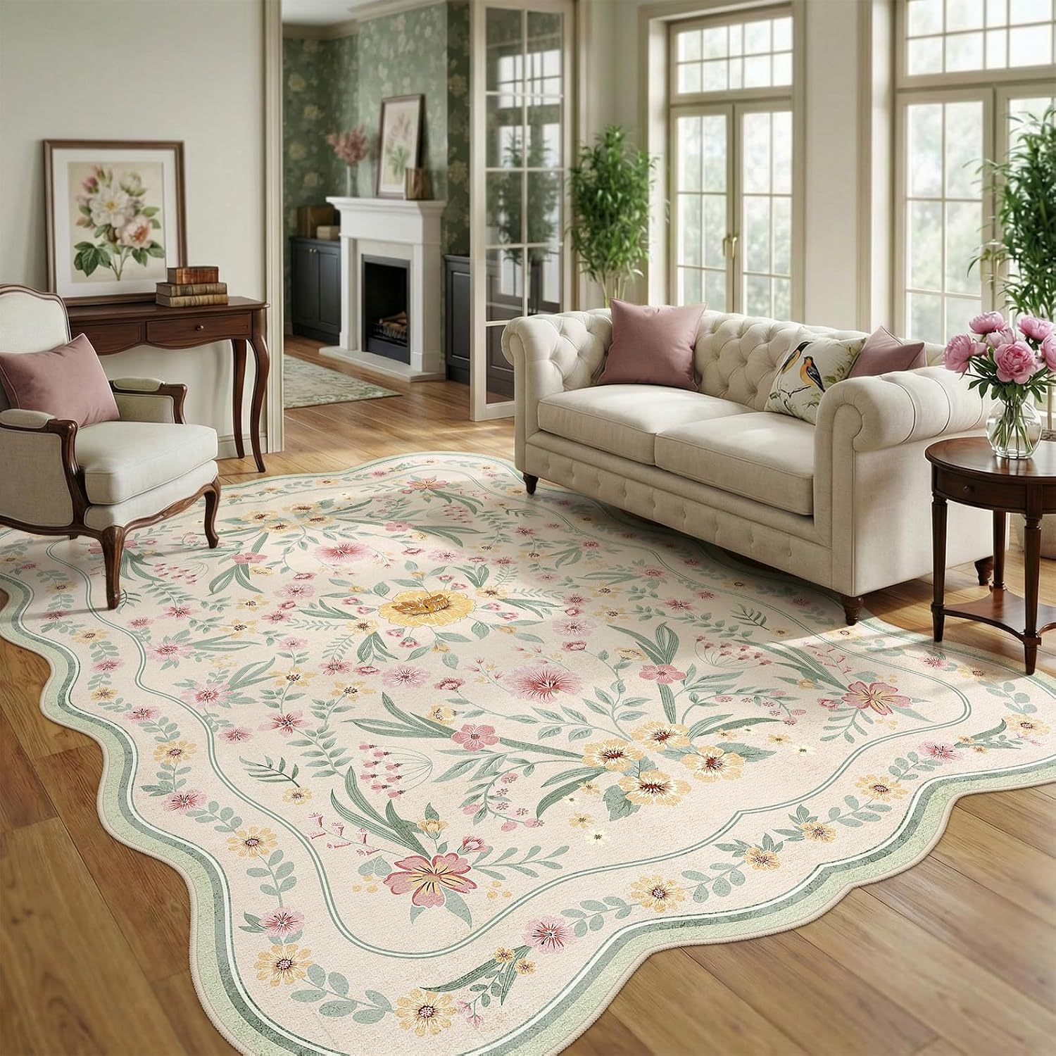 Scalloped Washable Floral Rug, 5 x 7 ft, Pink