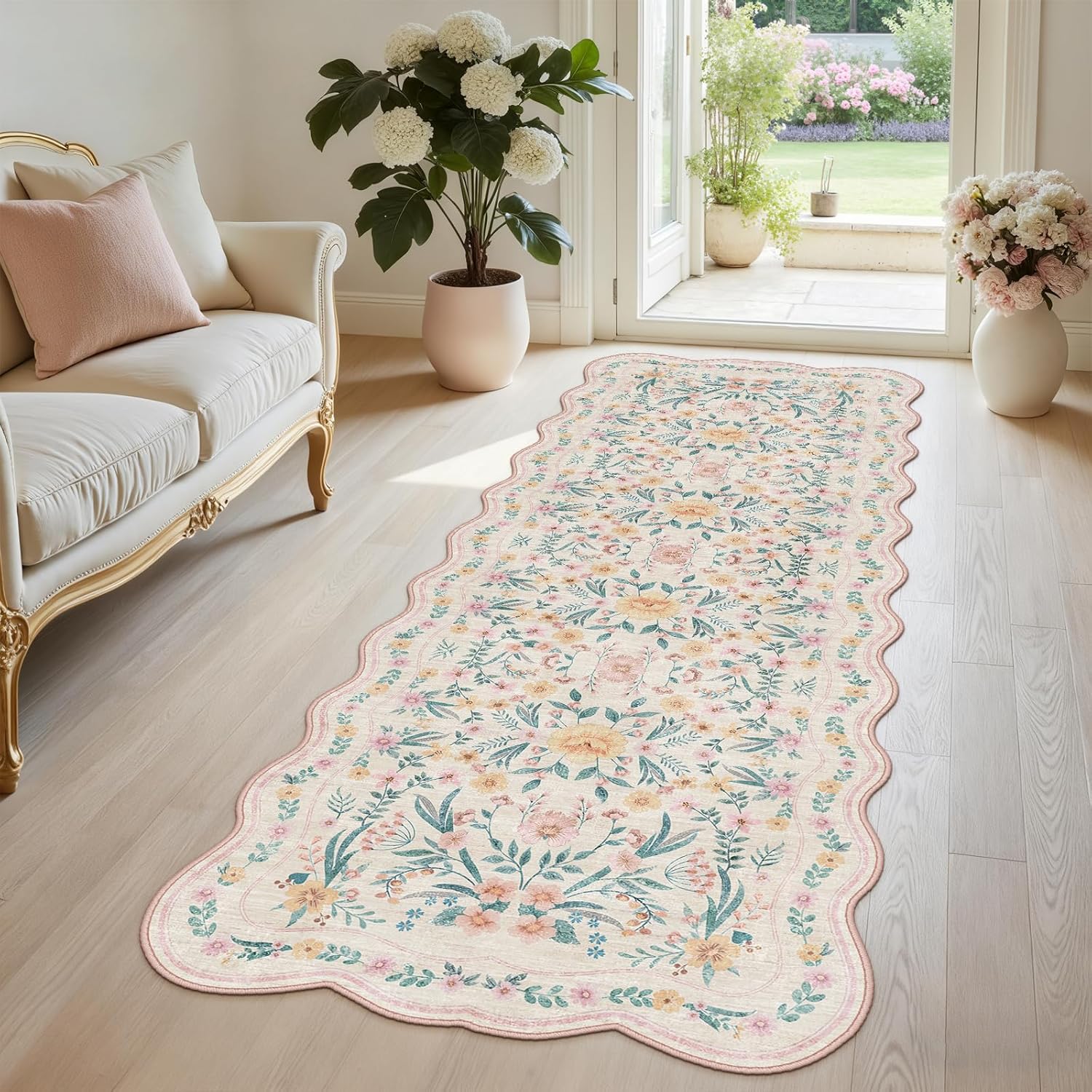 Scalloped Washable Floral Rug, 5 x 7 ft, Pink