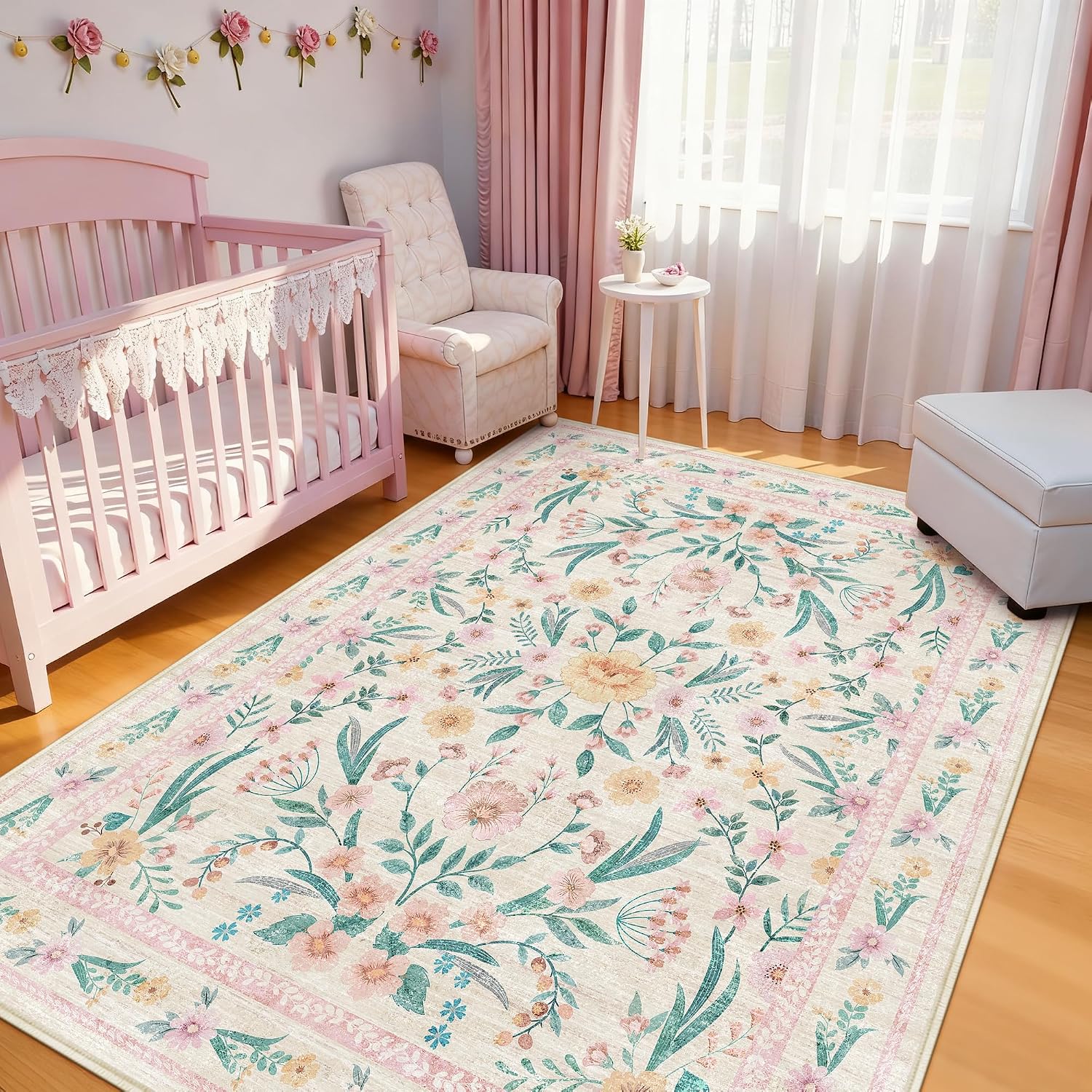 Scalloped Washable Floral Rug, 5 x 7 ft, Pink
