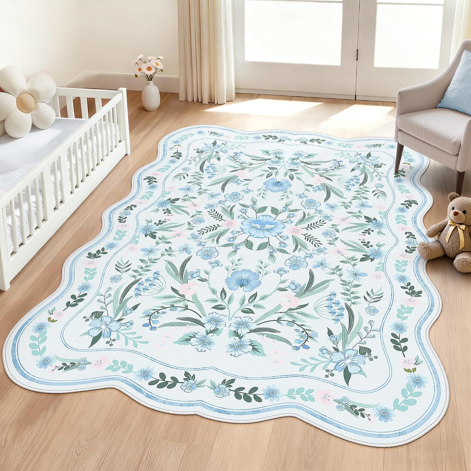 Scalloped Washable Floral Rug, 5 x 7 ft, Pink