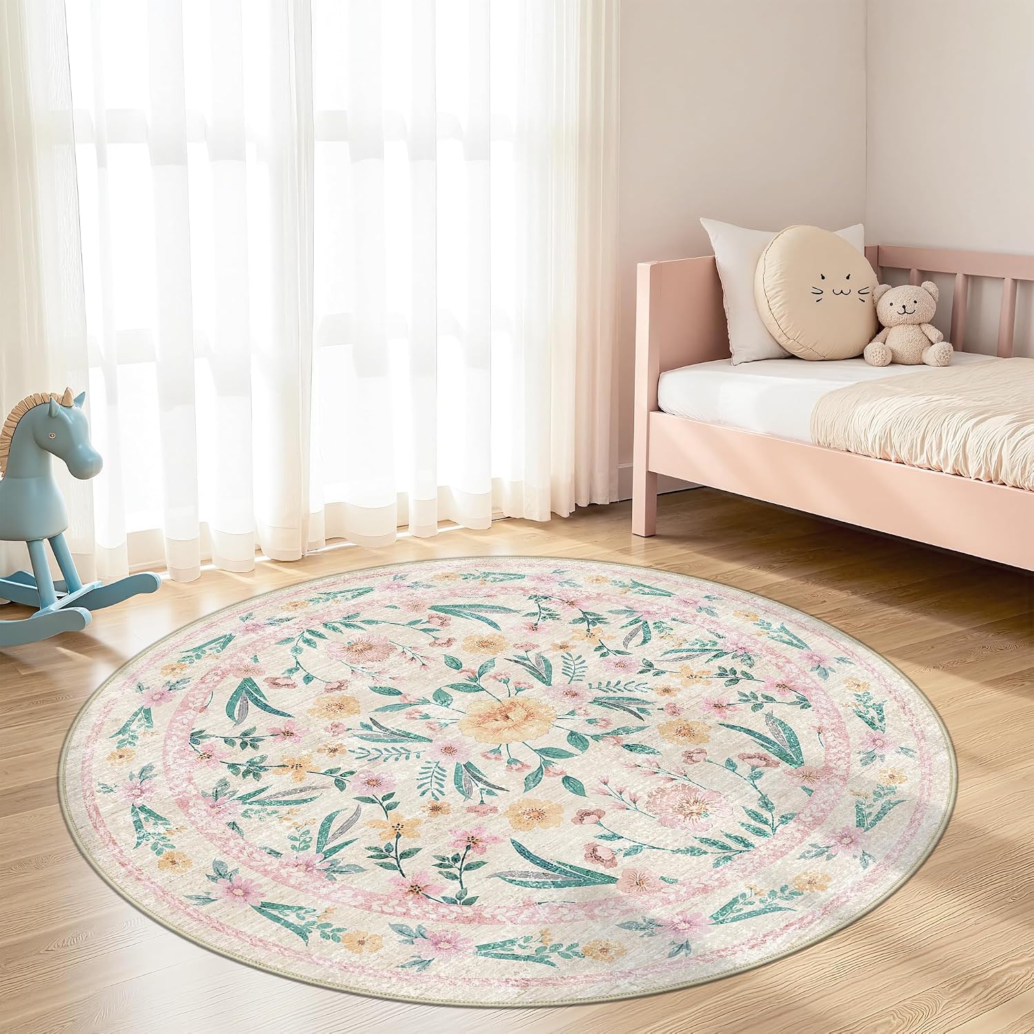 Scalloped Washable Floral Rug, 5 x 7 ft, Pink