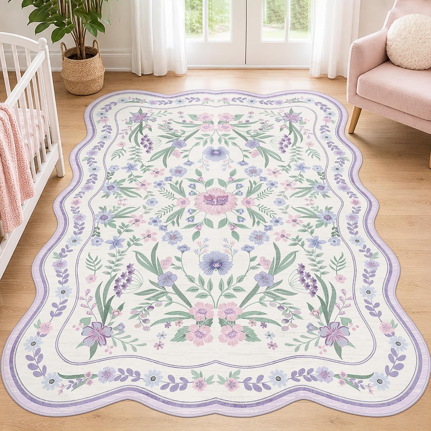 Scalloped Washable Floral Rug, 5 x 7 ft, Pink