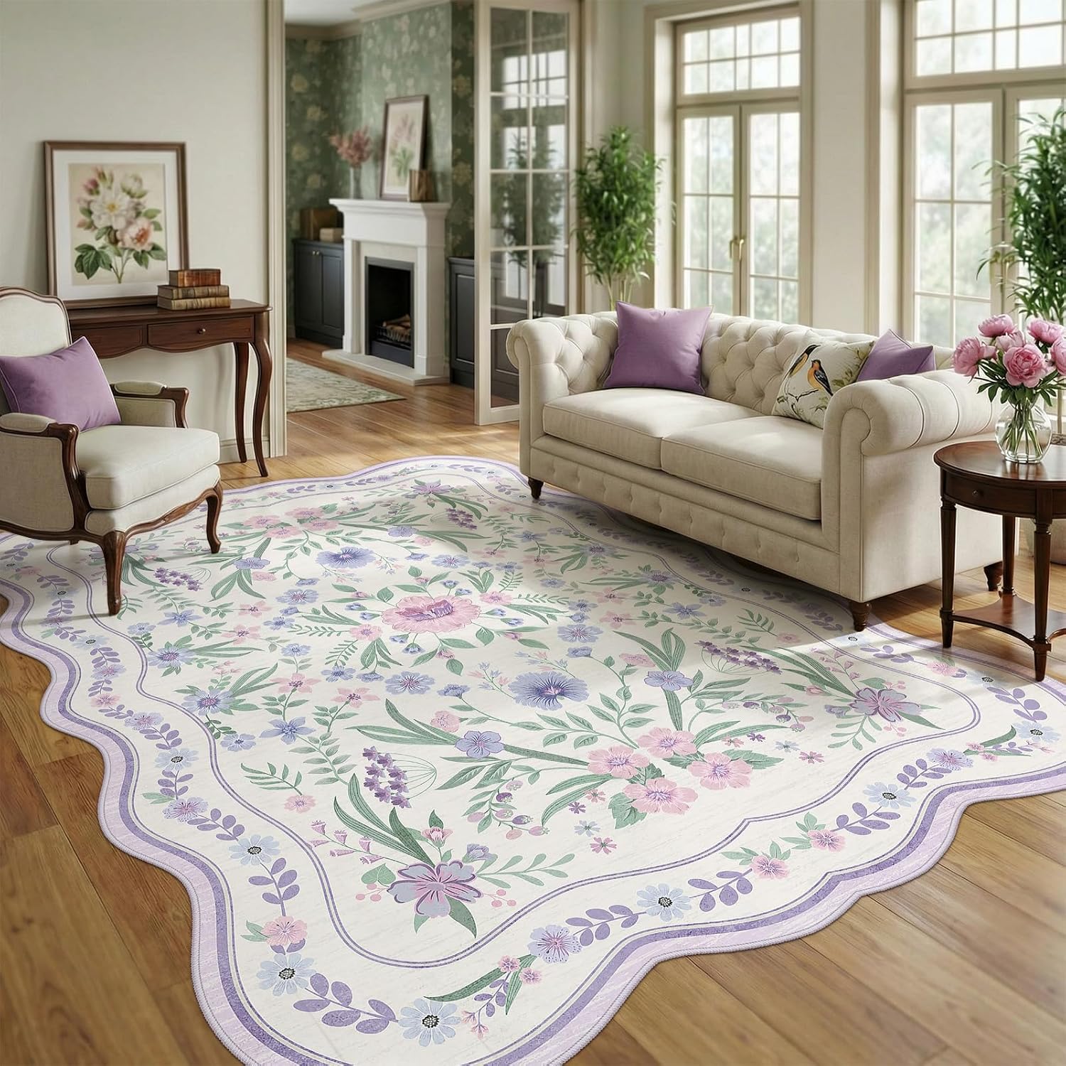 Scalloped Washable Floral Rug, 5 x 7 ft, Pink