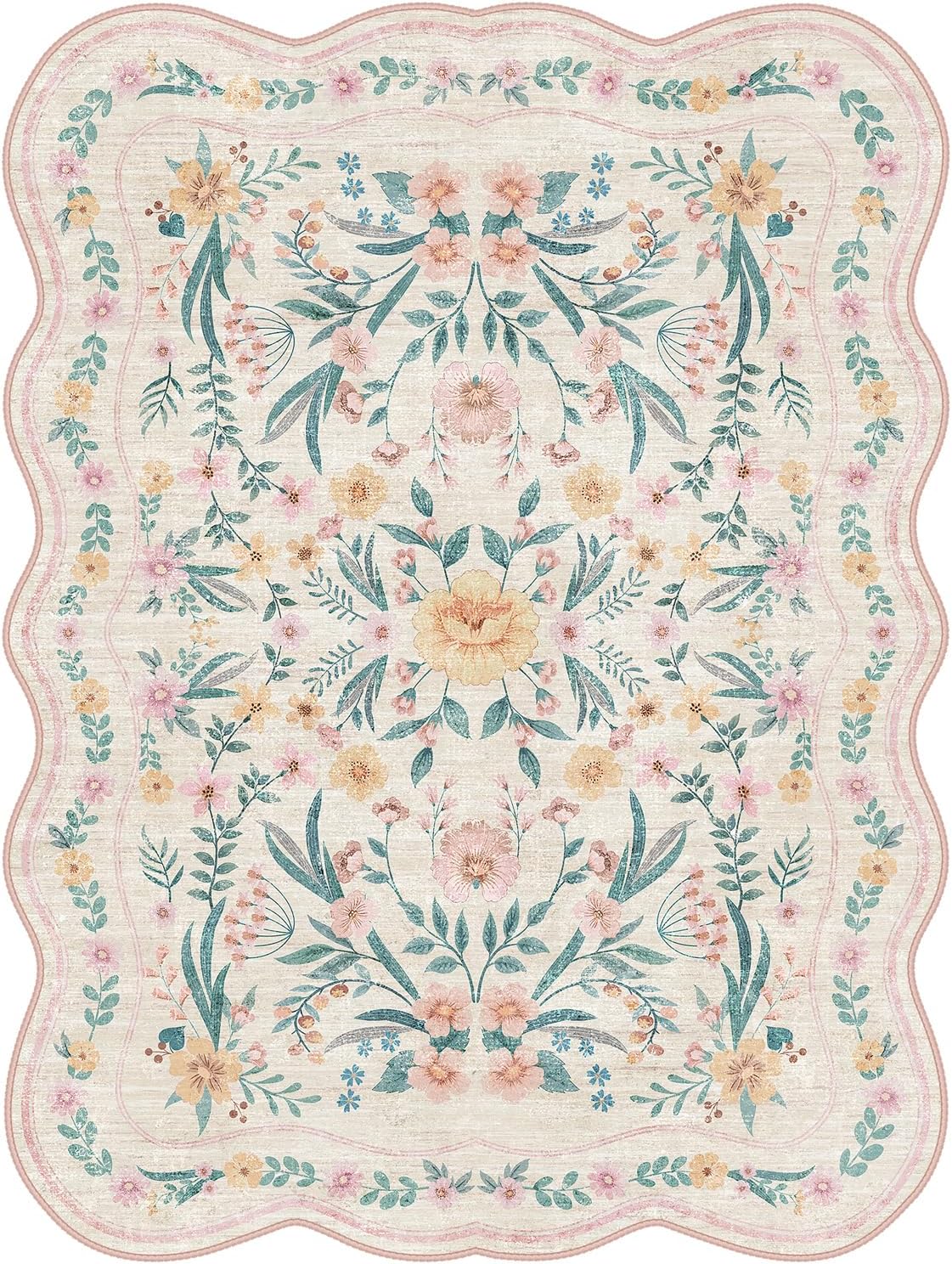 Scalloped Washable Floral Rug, 5 x 7 ft, Pink