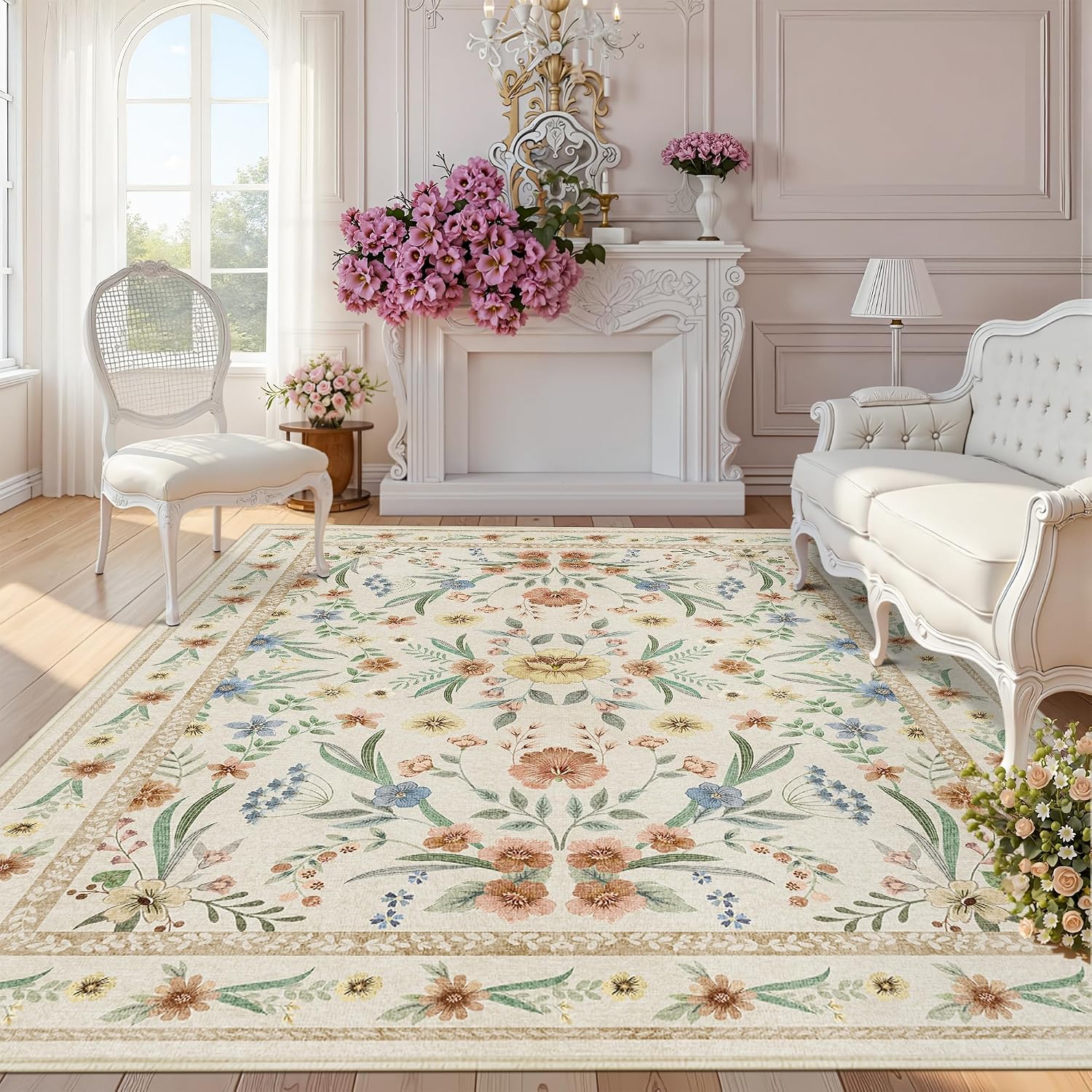 Scalloped Washable Floral Rug, 5 x 7 ft, Pink