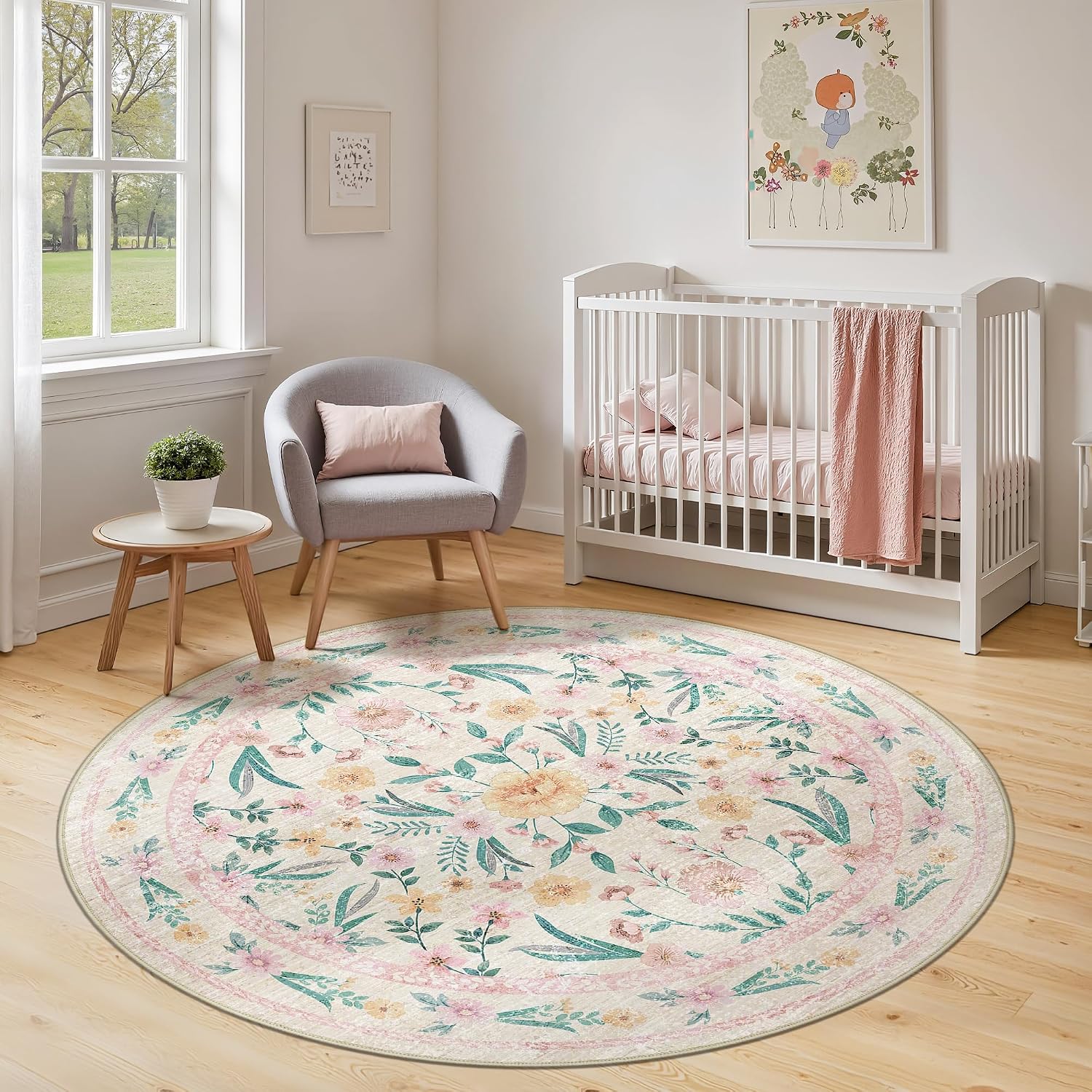Scalloped Washable Floral Rug, 5 x 7 ft, Pink