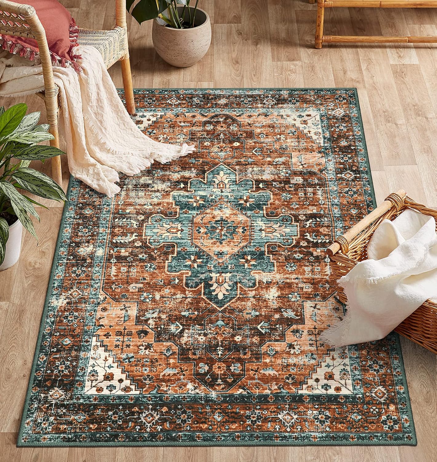 Ultra-Thin Washable Vintage Area Rug, 5 x 7 ft