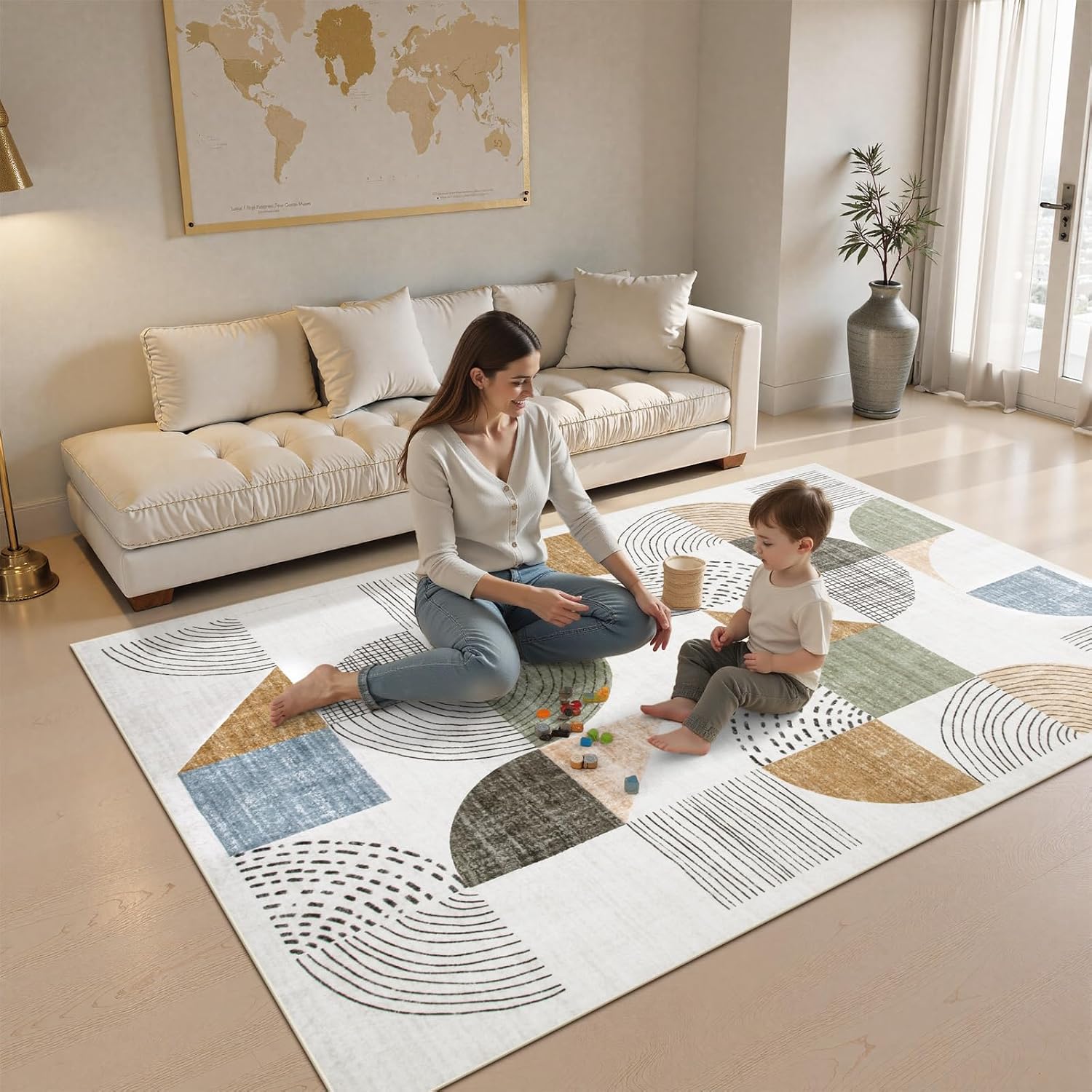 Washable Abstract Area Rug, 8 x 10 ft, Multicolour