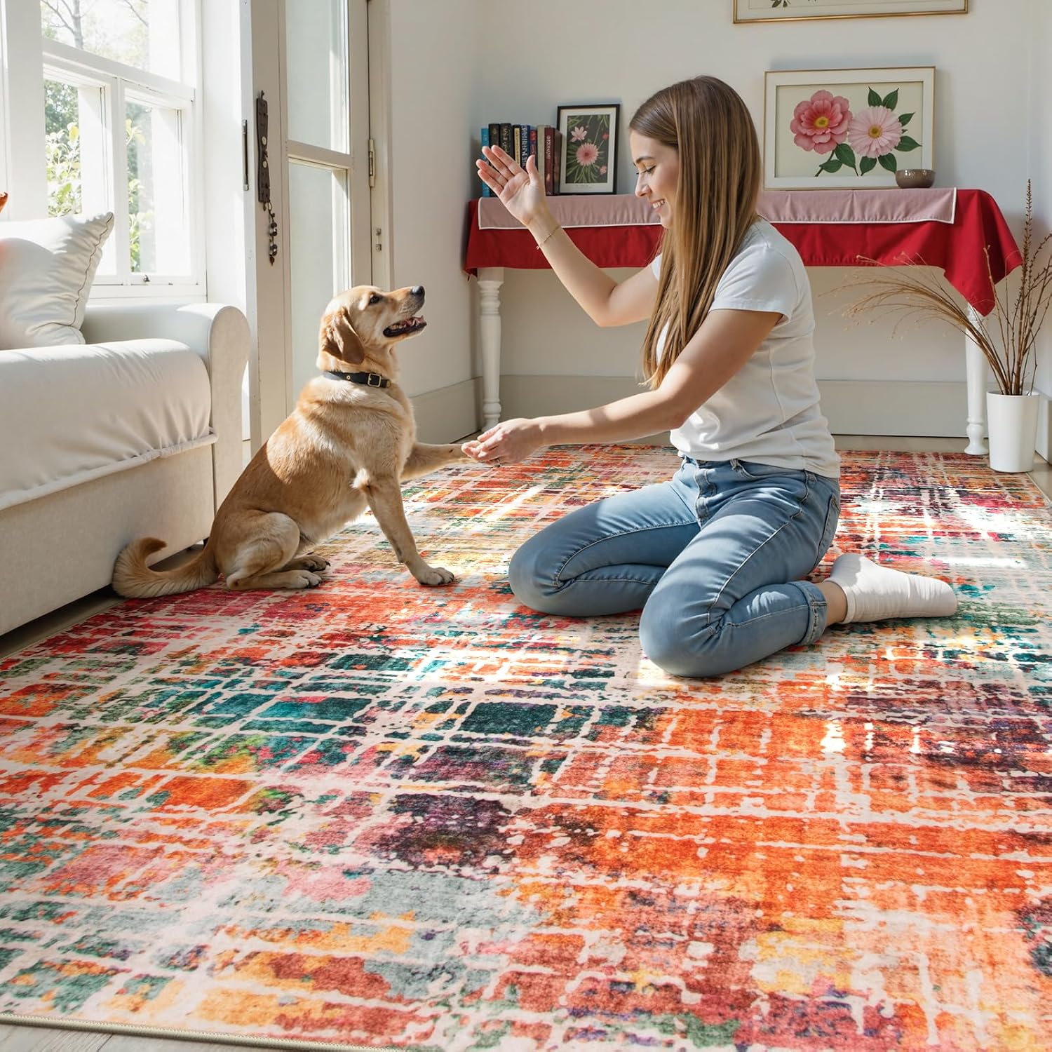 Washable Abstract Area Rug, 8 x 10 ft, Multicolour